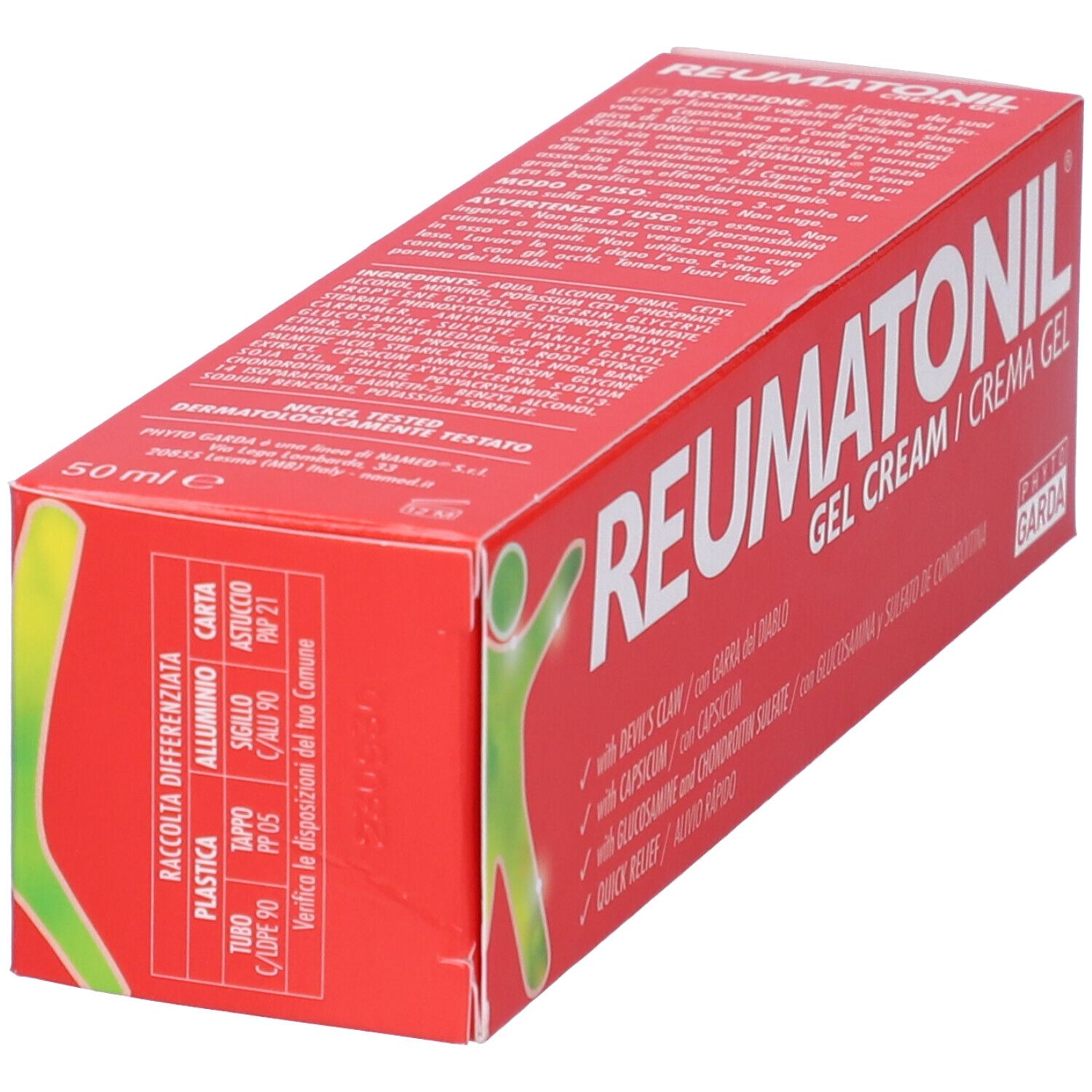 Confezione rossa Reumatonil Gel Cream, vista laterale. Ingredienti e simboli riciclo. Marchio Phyto Garda.