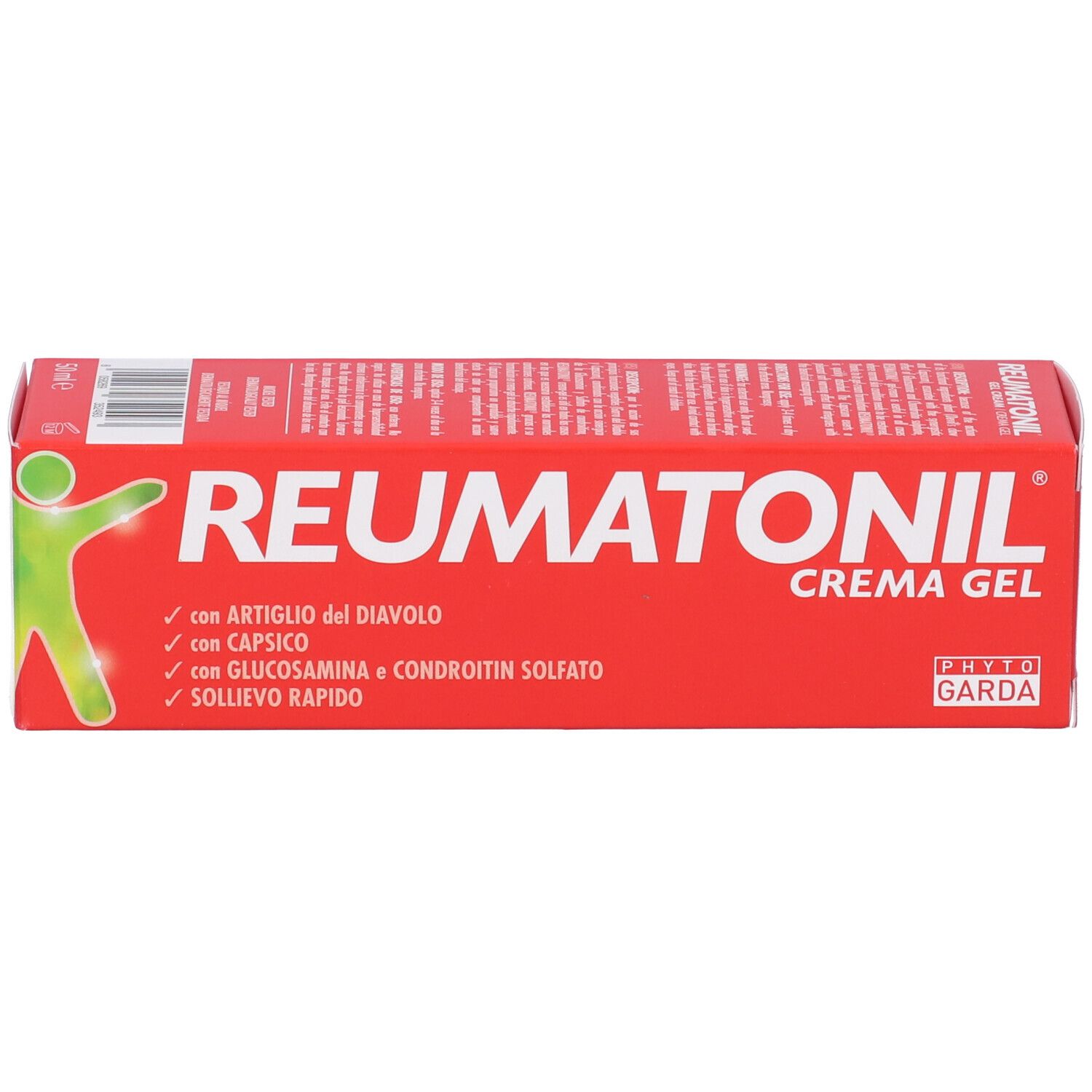 Confezione rossa Reumatonil Crema Gel. Contiene artiglio del diavolo, capsico, glucosamina. Marchio Phyto Garda.
