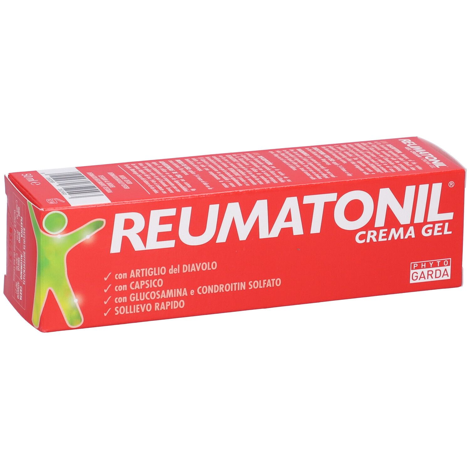 Confezione rossa Reumatonil Crema Gel. Contiene artiglio del diavolo, capsico, glucosamina. Marchio Phyto Garda.