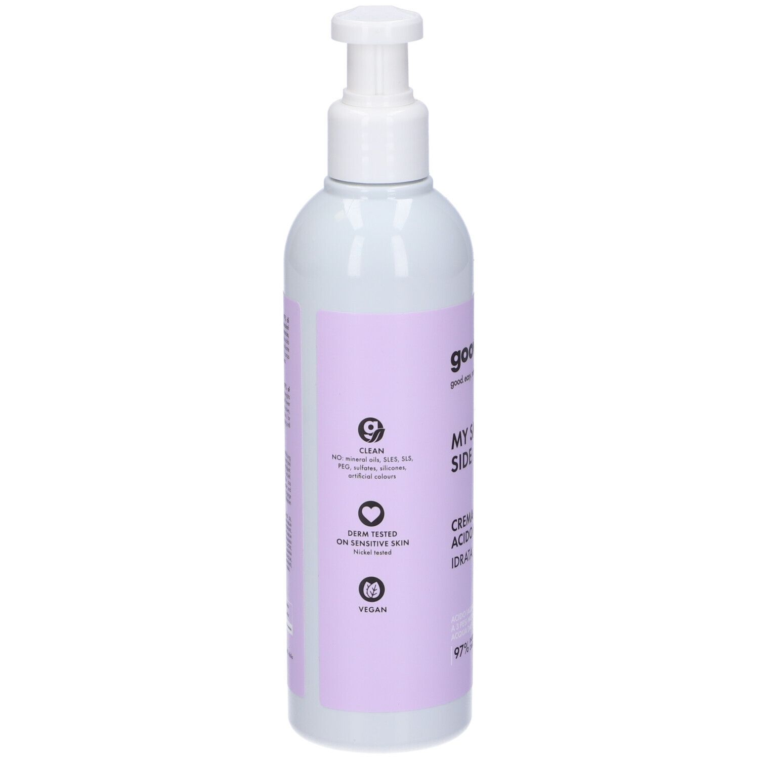 Flasche mit Pumpe. Aufschrift: Goovi, My Smooth Side, Crema Corpo Acido Ialuronico. Vegan, dermatologisch getestet, Clean.