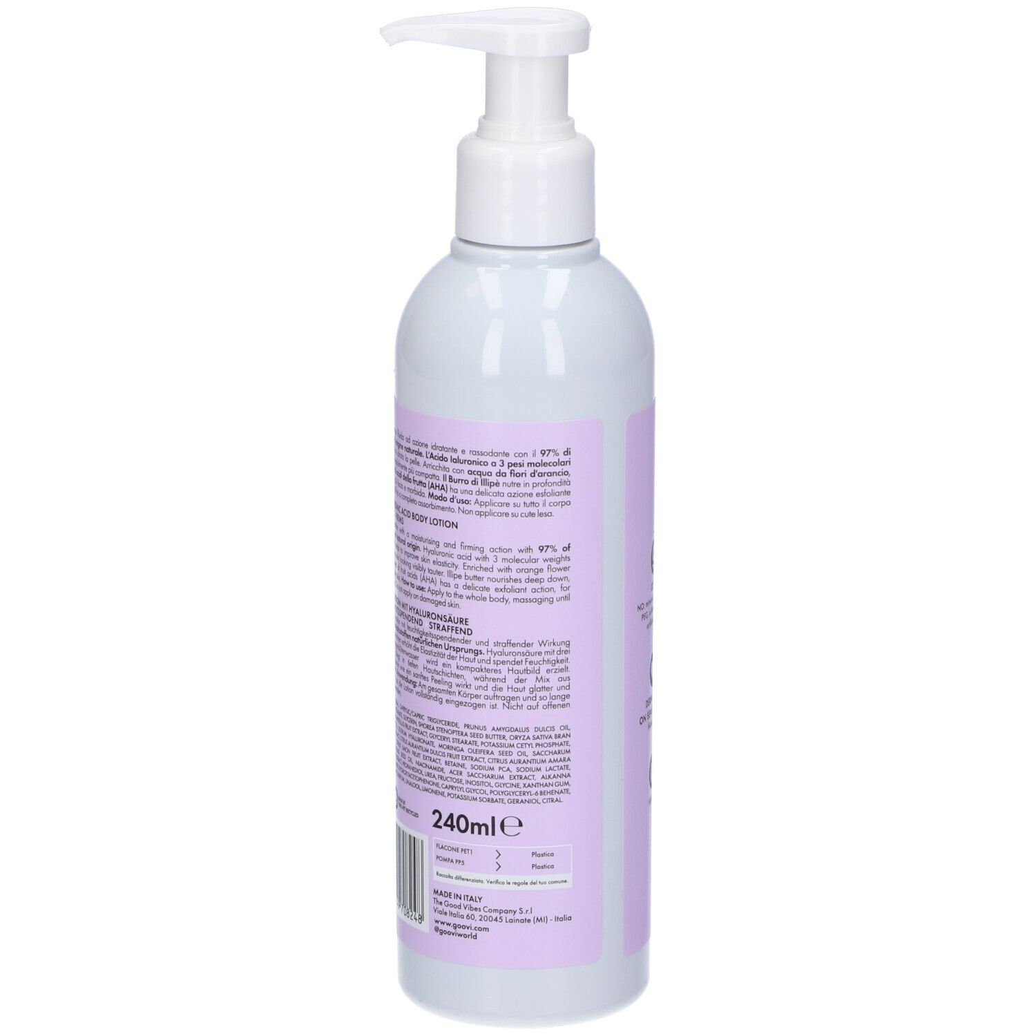 Flasche mit Pumpe. Aufschrift: Goovi, My Smooth Side, Crema Corpo Acido Ialuronico. Text in italienischer und englischer Sprache. 240ml.