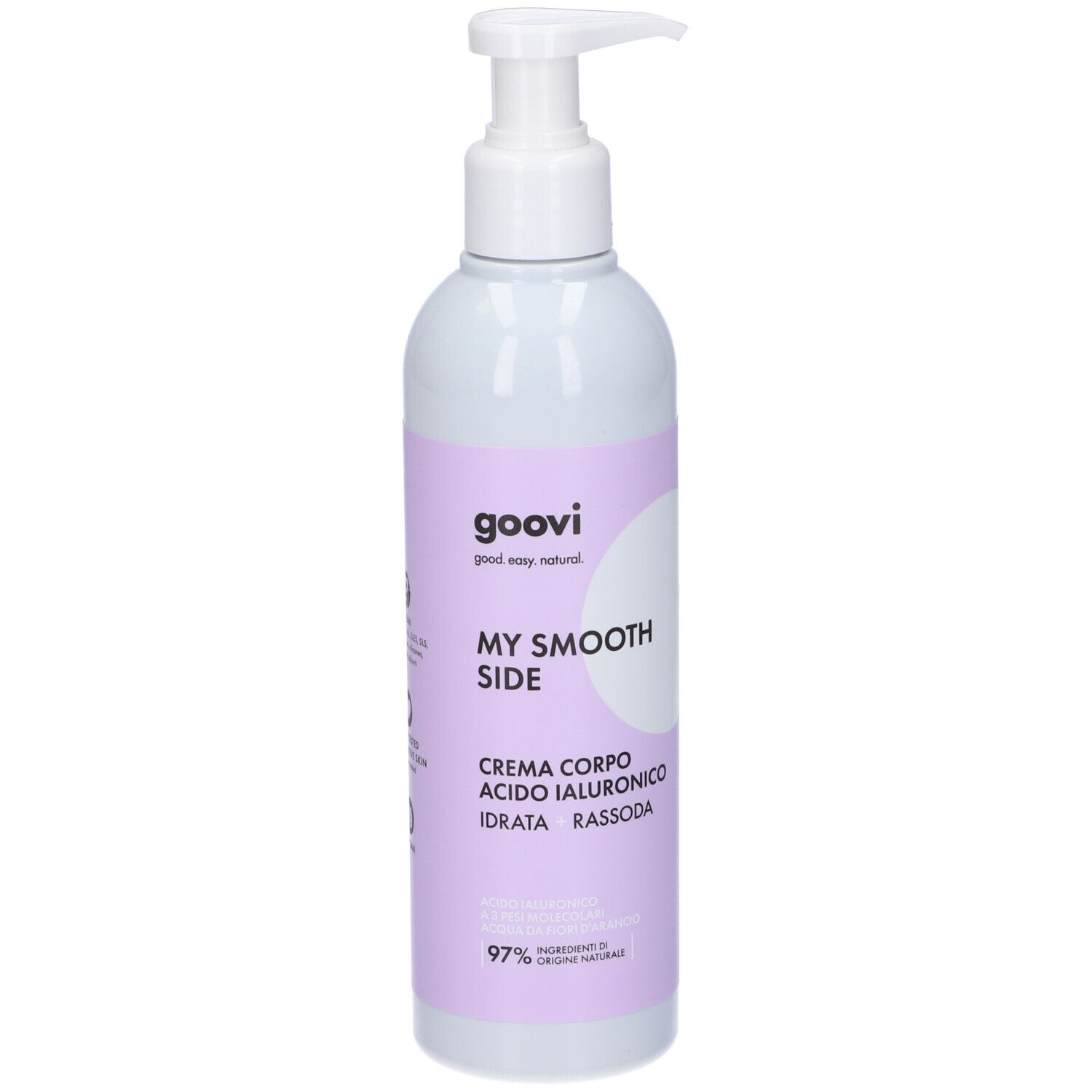 Flasche mit Pumpe. Aufschrift: Goovi, My Smooth Side, Crema Corpo Acido Ialuronico. 97% Inhaltsstoffe natürlichen Ursprungs.