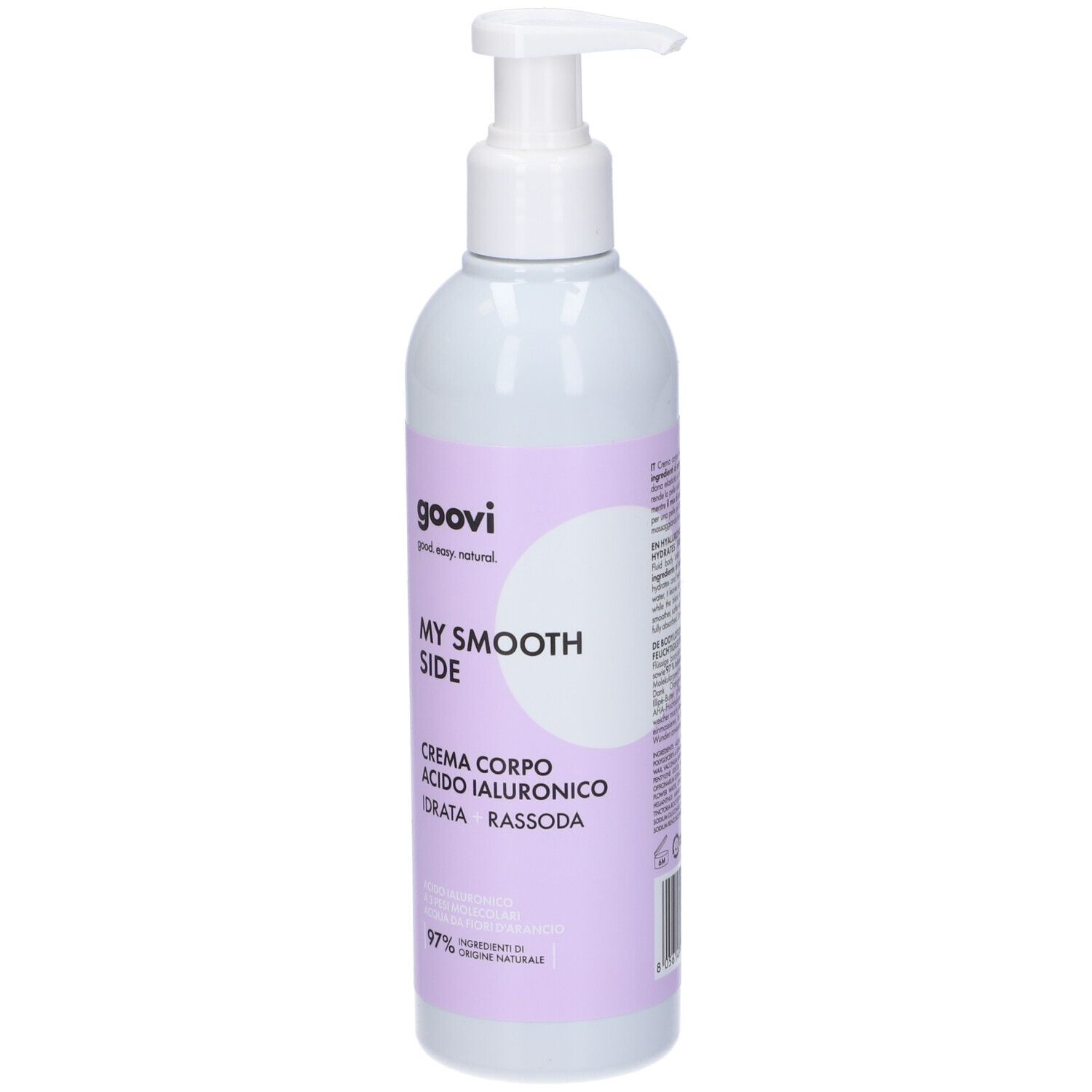 Flasche mit Pumpe. Aufschrift: Goovi, My Smooth Side, Crema Corpo Acido Ialuronico. 97% Inhaltsstoffe natürlichen Ursprungs.