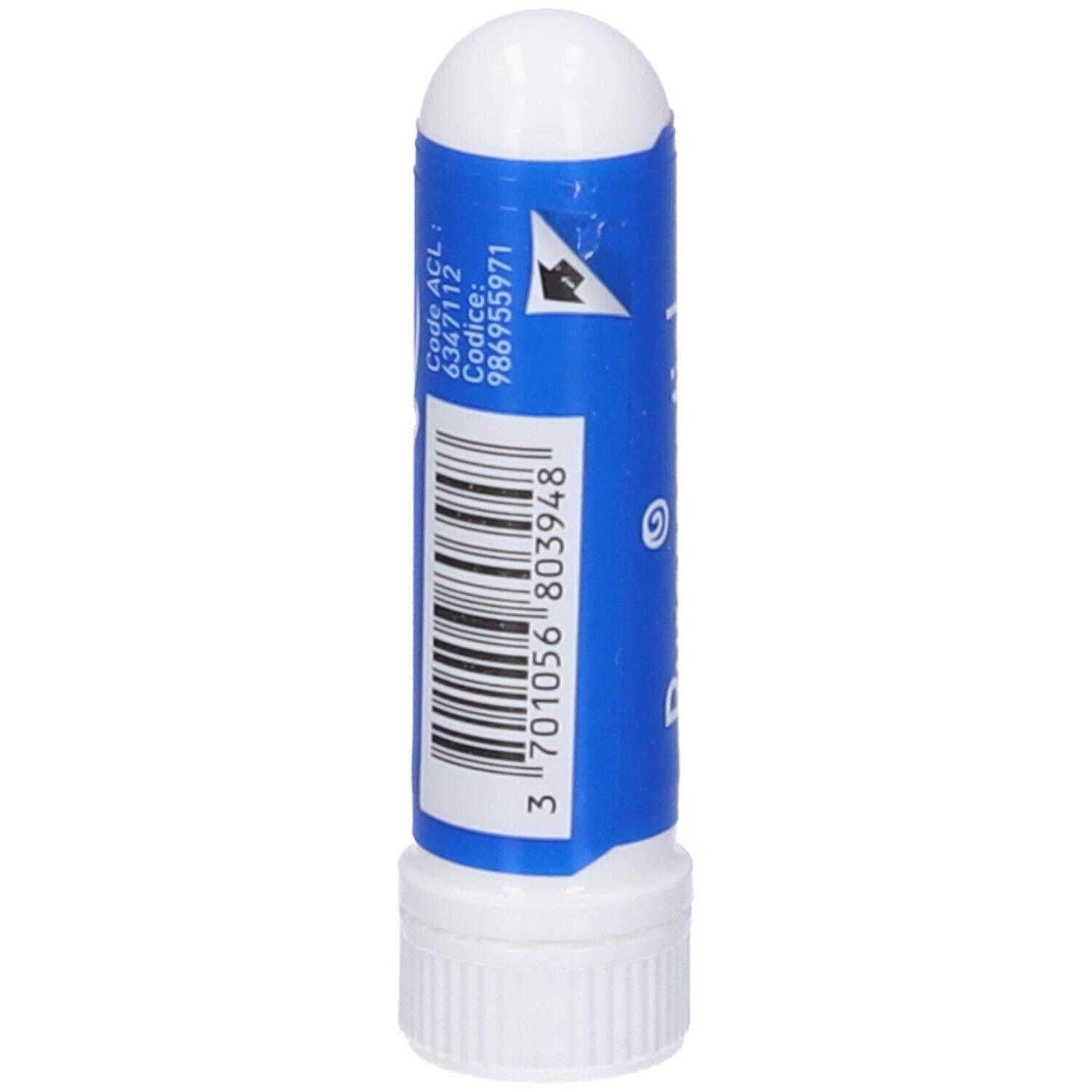 Blauer Inhalator mit weißem Deckel. Barcode und Text.