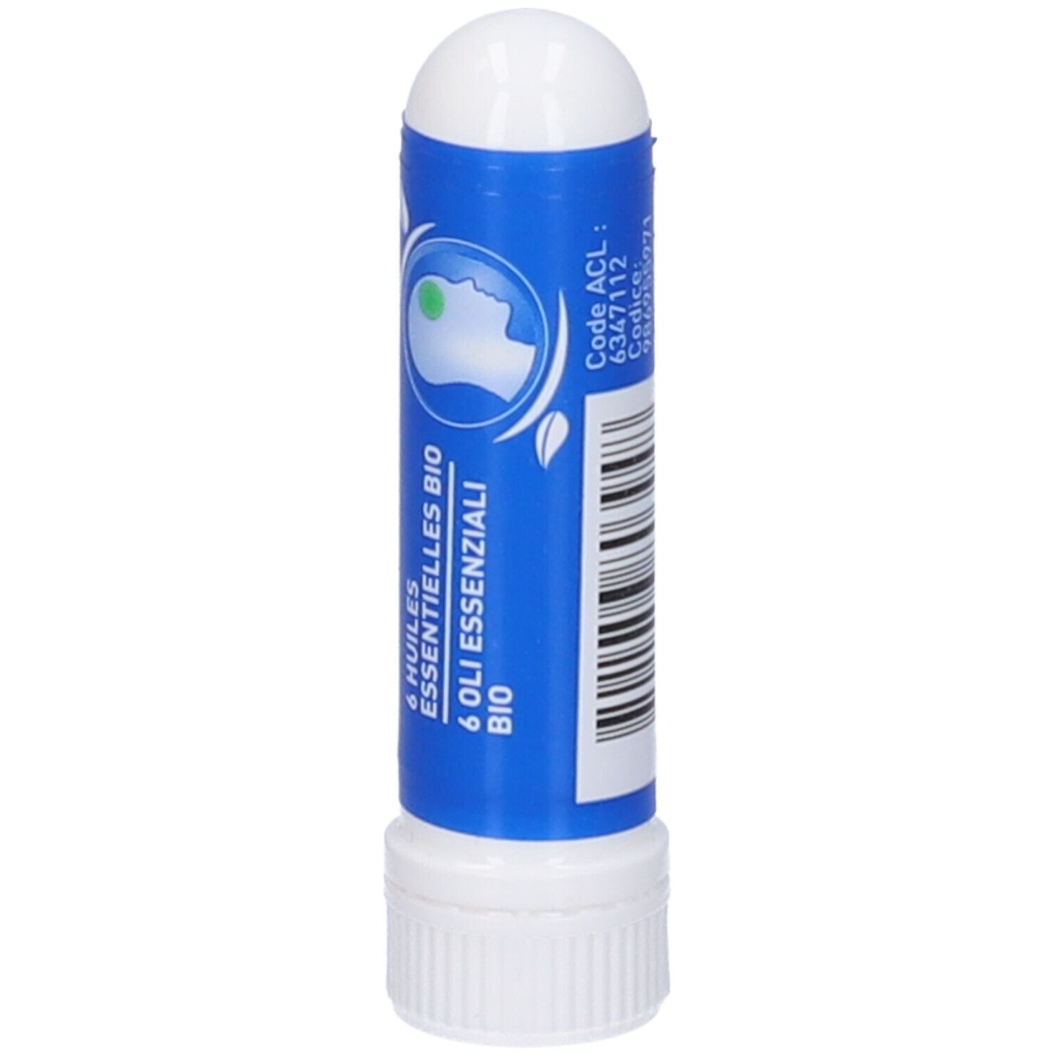 Blauer Inhalator mit weißem Deckel. Beschriftung: 6 Öle, Bio.