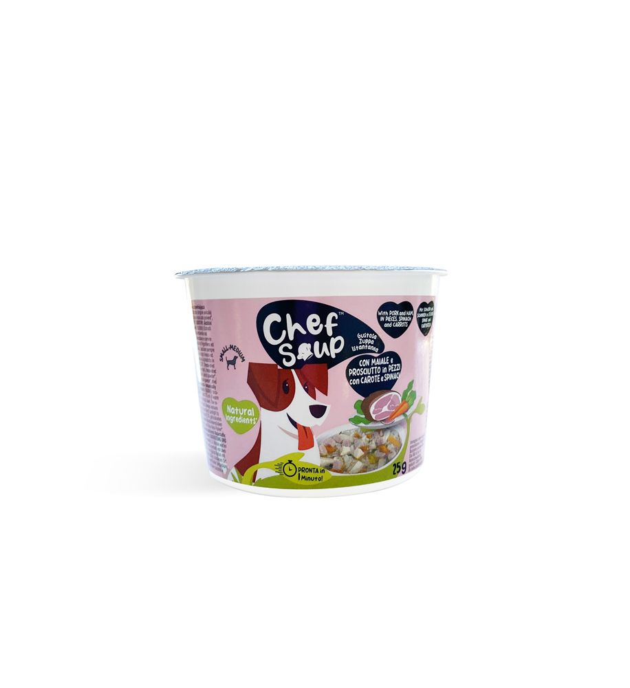 Chef Soup con Maiale e Prosciutto in Pezzi Spinaci e Carote