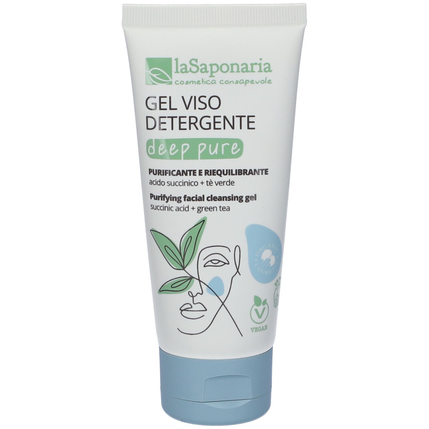 Tubo bianco-turchese. Scritta: La Saponaria, Gel Viso Detergente, deep pure. Illustrazione: volto con foglie. Sigillo vegano.