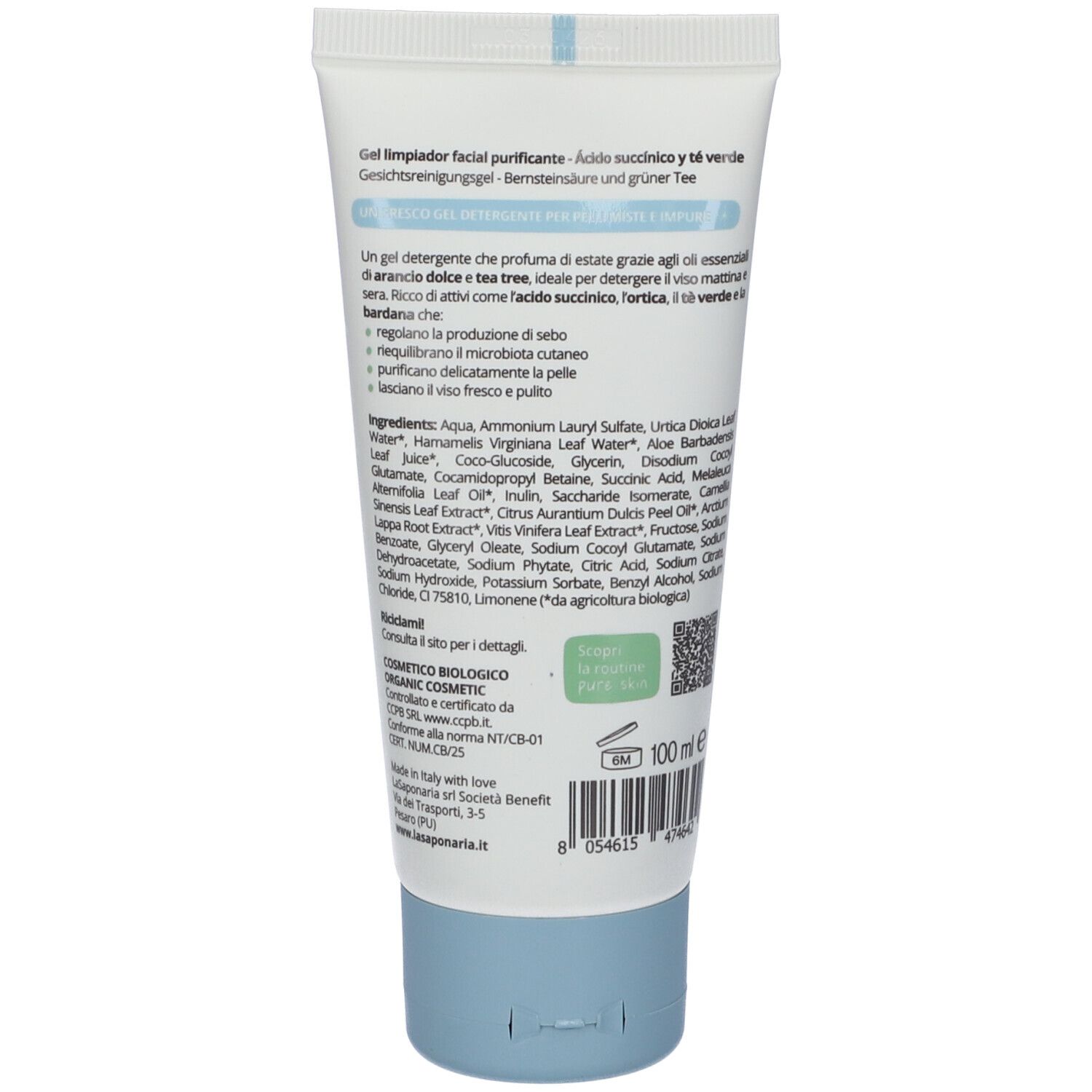 Retro del tubo. Testo: Gel limpiador facial purificante. Ingredienti. Sigillo vegano. Codice QR. 100 ml. Prodotto in Italia.