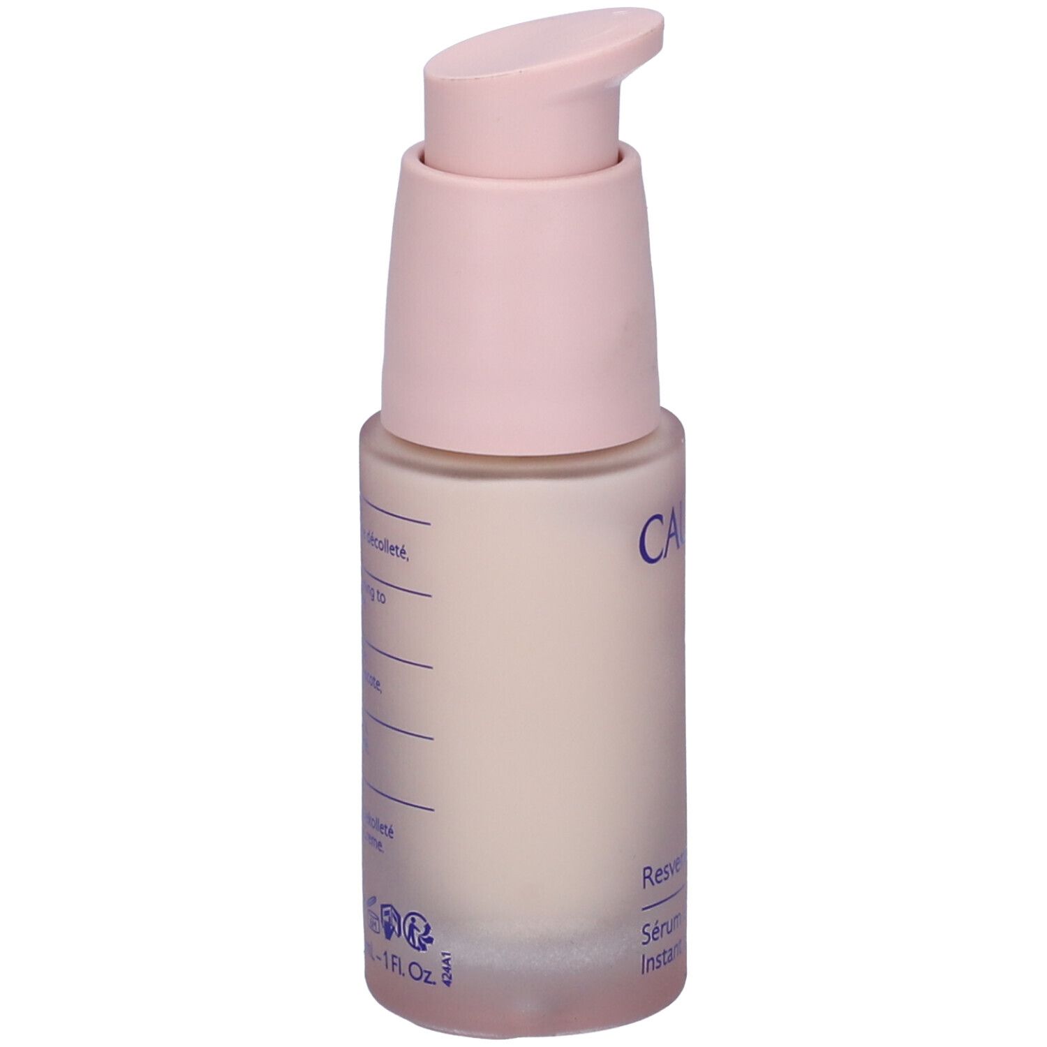 Retro del flacone di siero Caudalie. Scritta: Resveratrol-Lift, Sérum Liftant Fermeté. Testo multilingue.
