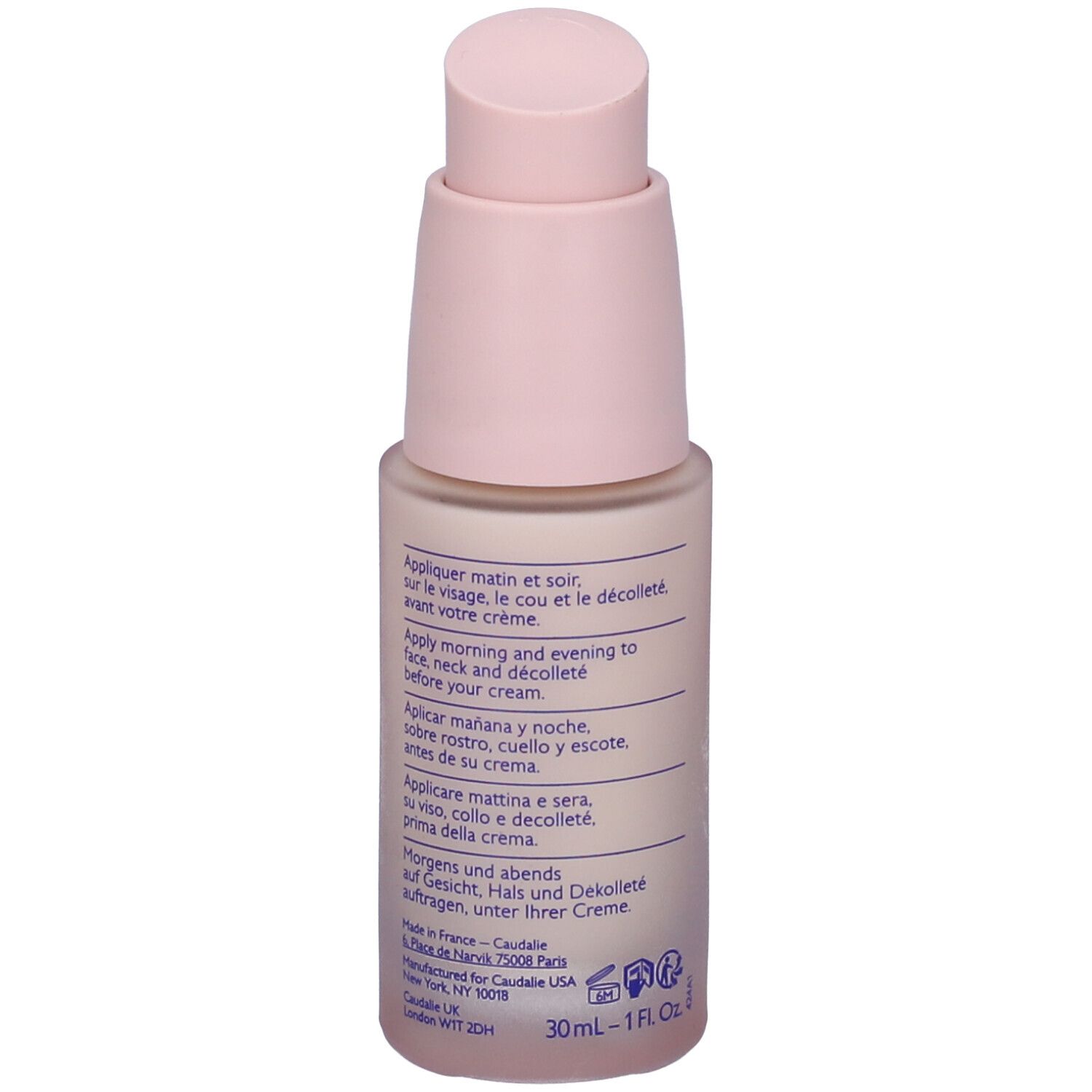 Retro del flacone di siero Caudalie. Testo multilingue, incluse istruzioni per l'uso.