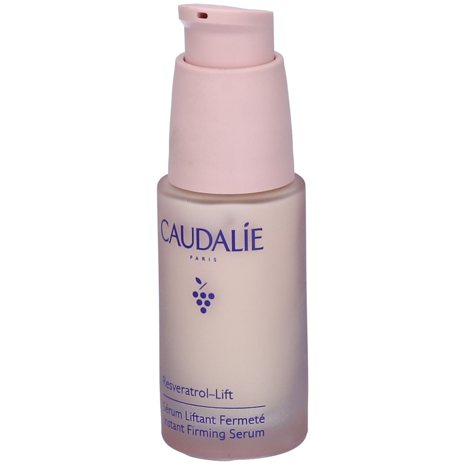 Flacone di siero Caudalie con erogatore rosa. Scritta: Caudalie, Resveratrol-Lift, Sérum Liftant Fermeté.