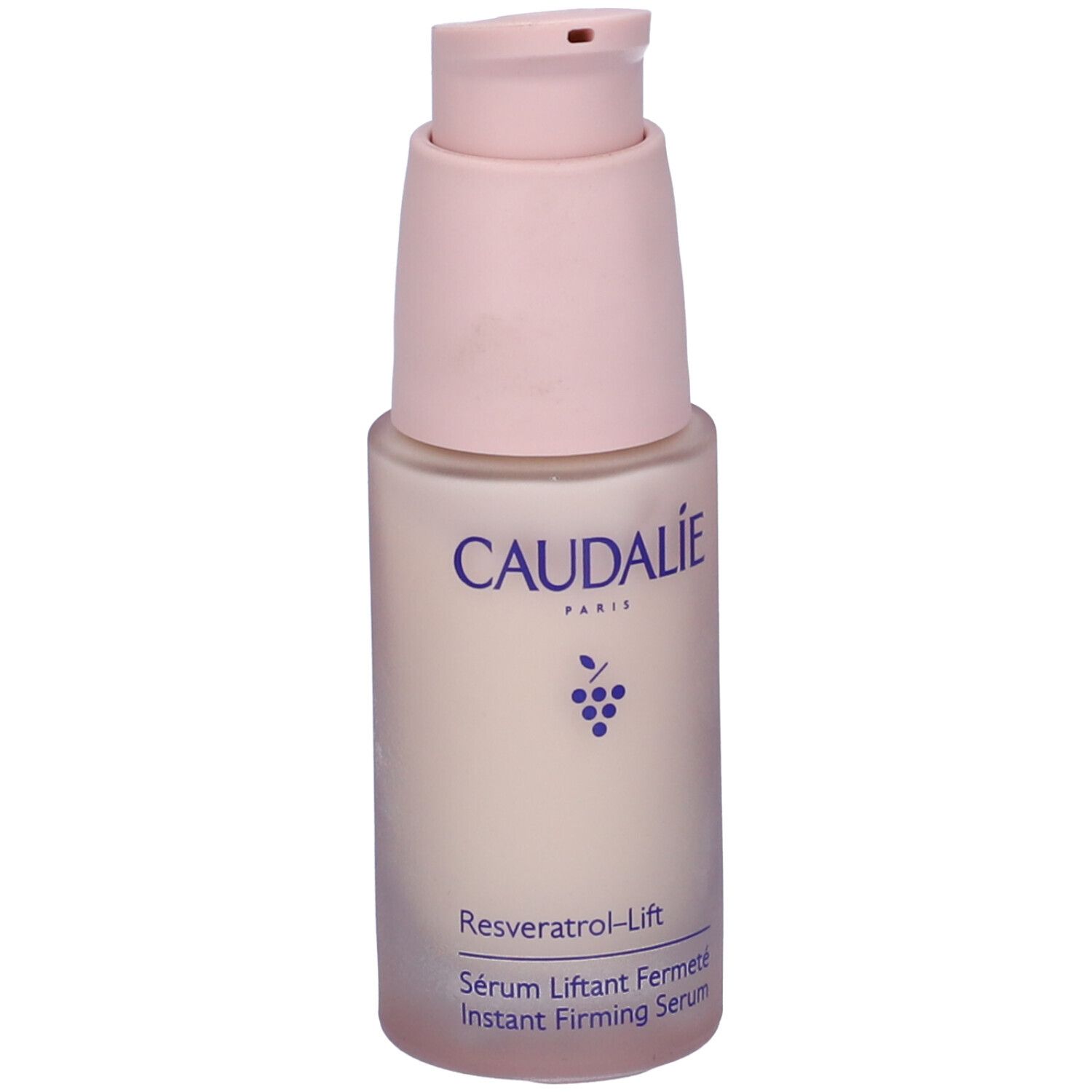 Flacone di siero Caudalie con erogatore rosa. Scritta: Caudalie, Resveratrol-Lift, Sérum Liftant Fermeté.