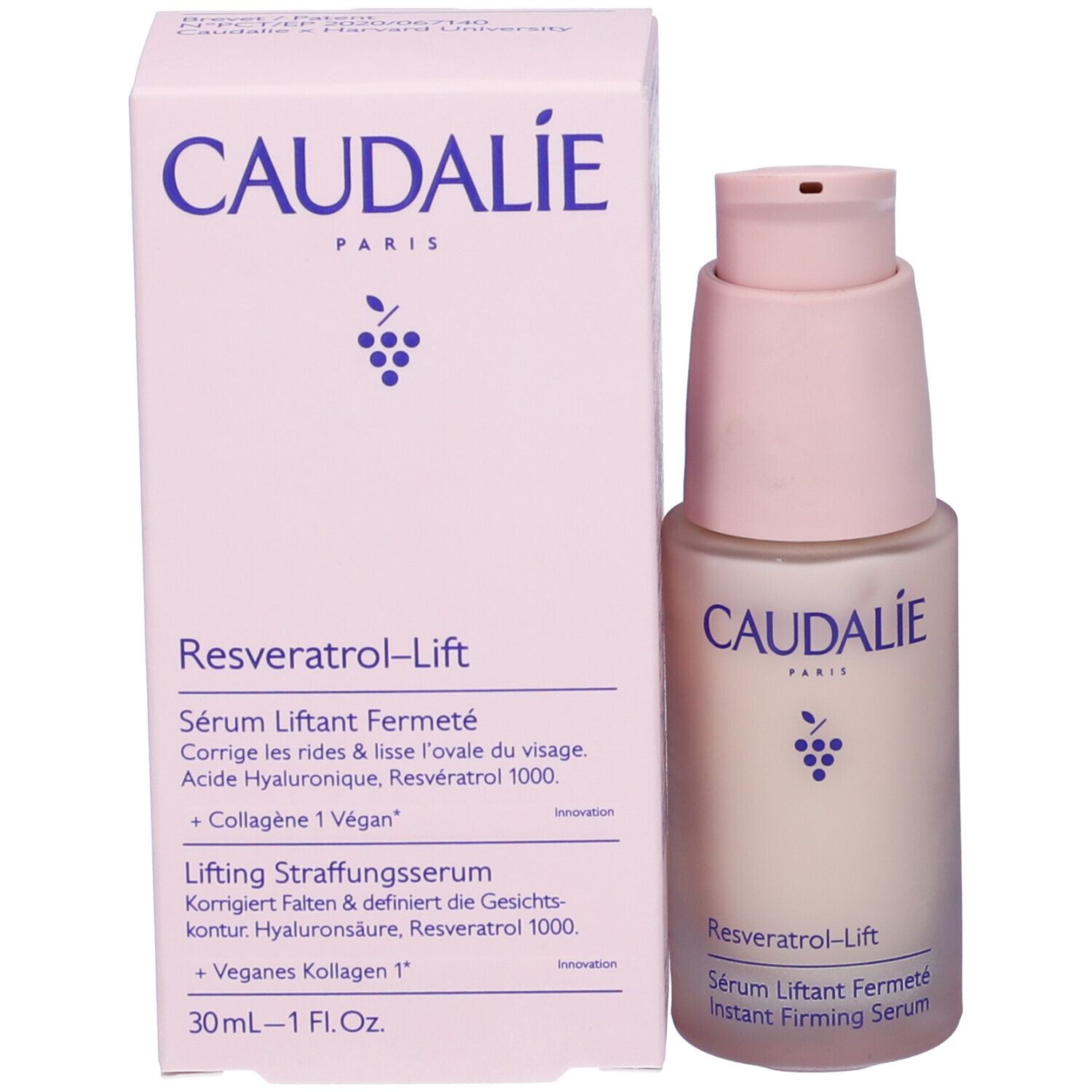 Flacone e scatola di siero Caudalie. Scritta: Caudalie, Resveratrol-Lift, Sérum Liftant Fermeté. 30ml.