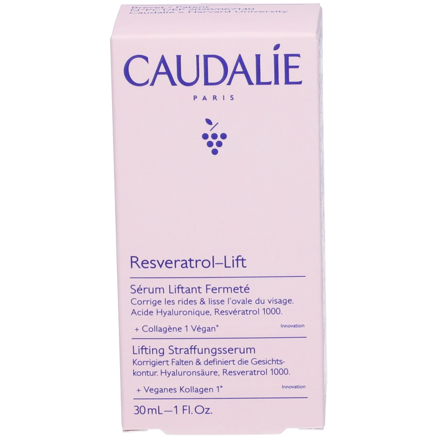 Scatola di siero Caudalie. Scritta: Caudalie, Resveratrol-Lift, Sérum Liftant Fermeté. 30ml.