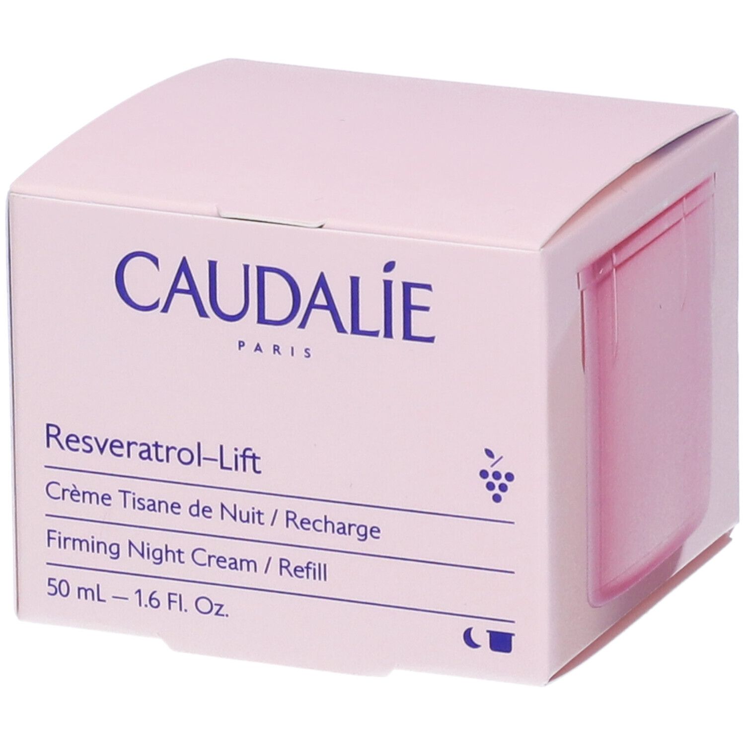 Confezione rosa Caudalie. Scritte: Caudalie, Resveratrol-Lift, Crème Tisane de Nuit, Firming Night Cream, 50 ml.