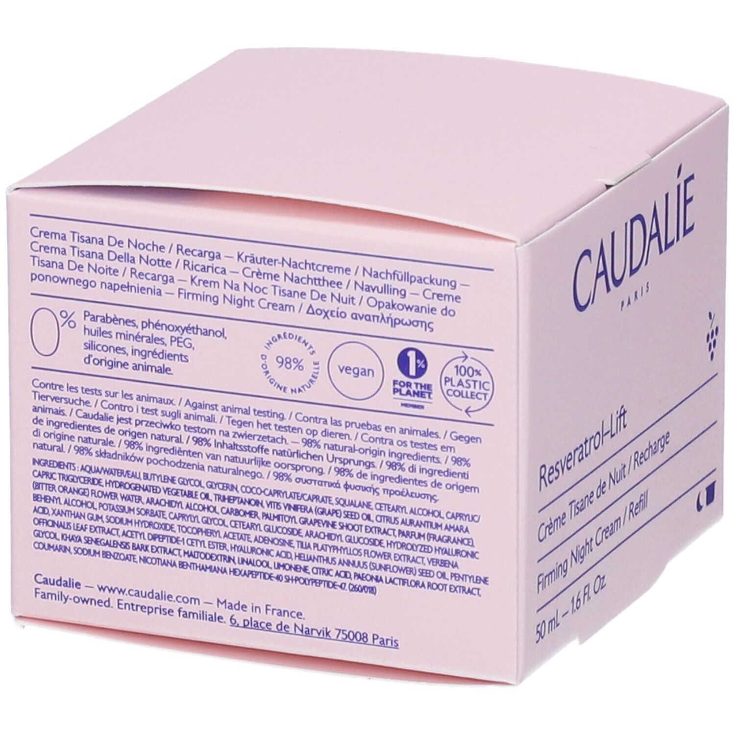 Confezione Caudalie con informazioni. Scritte: Crème Tisane de Nuit, vegano, 98% ingredienti naturali, 1% for the planet.