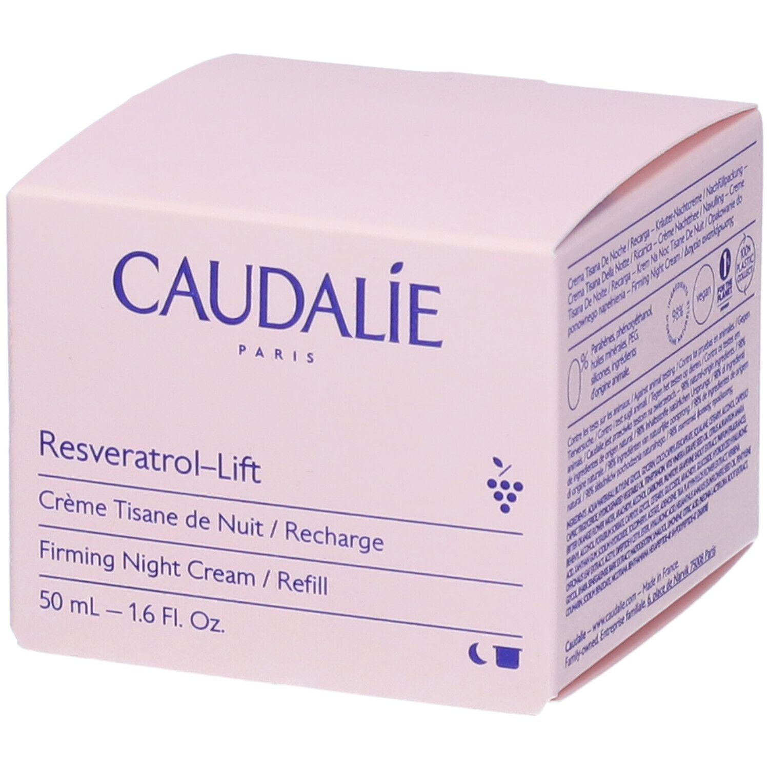 Confezione Caudalie. Scritte: Caudalie, Resveratrol-Lift, Crème Tisane de Nuit, Firming Night Cream, 50 ml, vegano.