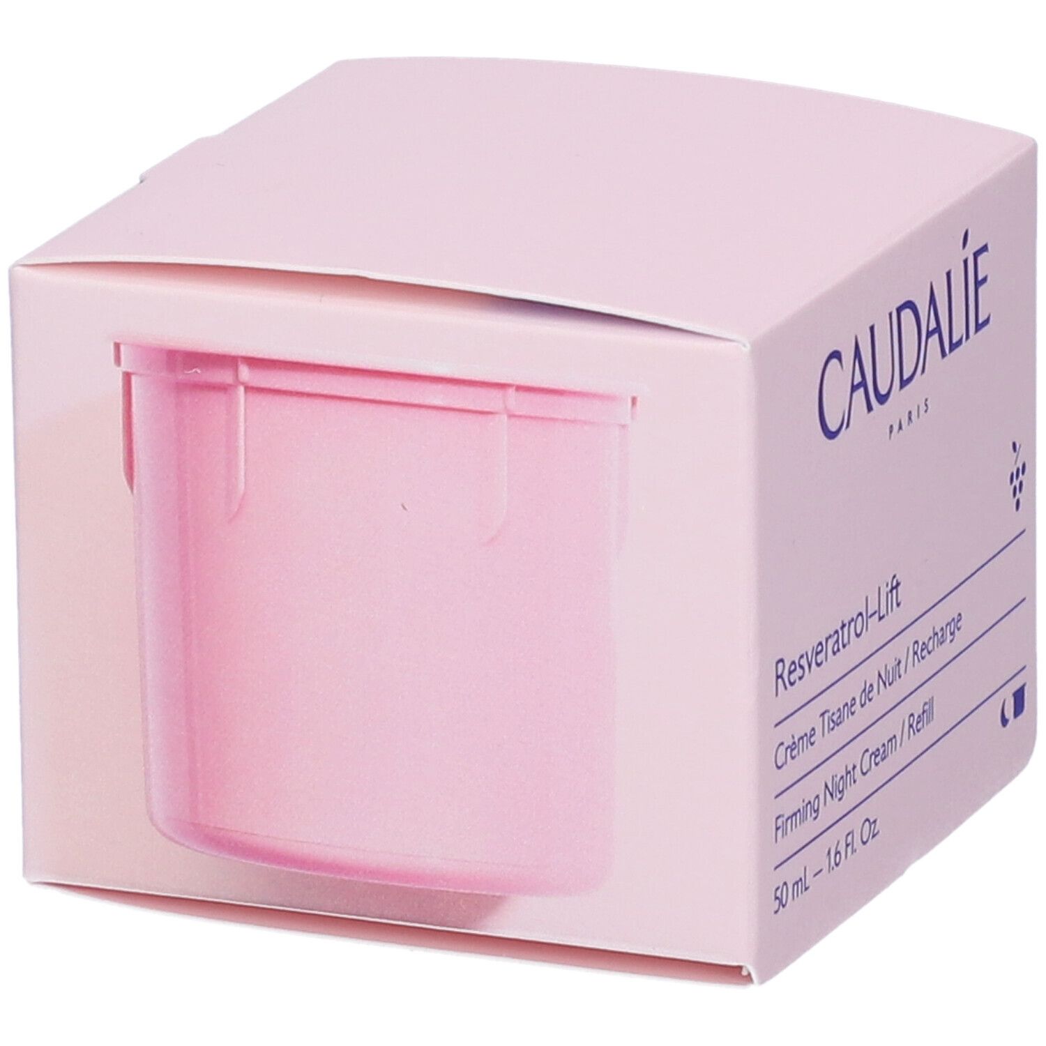 Confezione rosa Caudalie con contenitore crema visibile. Scritte: Caudalie, Resveratrol-Lift, Crème Tisane de Nuit, 50 ml.