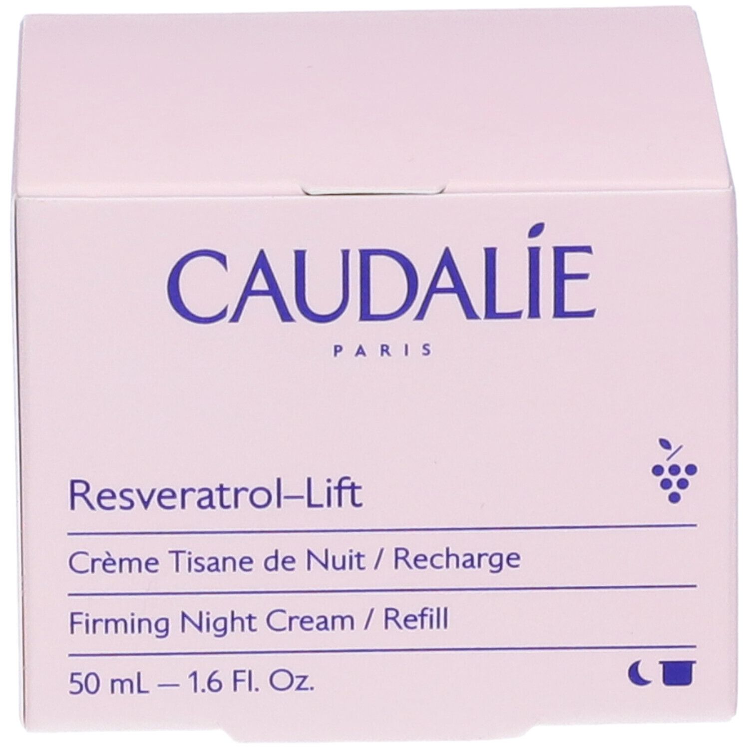 Confezione Caudalie. Scritte: Caudalie, Resveratrol-Lift, Crème Tisane de Nuit / Recharge, Firming Night Cream / Refill, 50 ml.