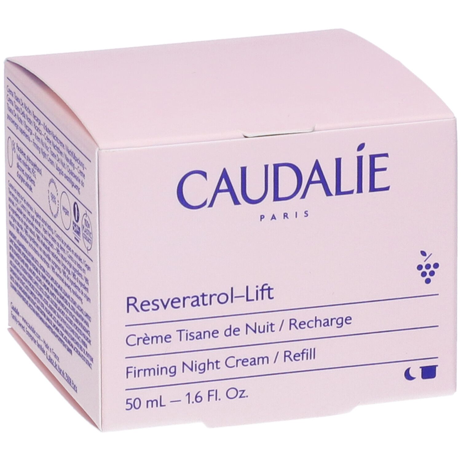 Confezione Caudalie con testo. Scritte: Caudalie, Resveratrol-Lift, Crème Tisane de Nuit, Firming Night Cream, 50 ml, vegano.