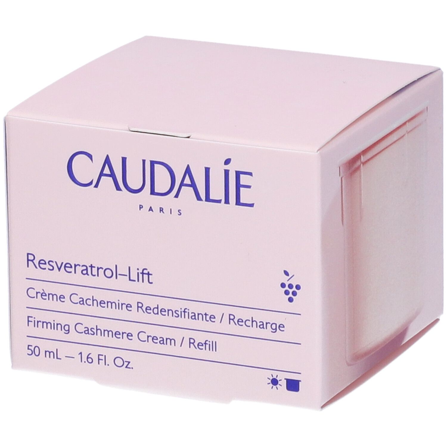 Scatola rosa Caudalie. Testo: Resveratrol-Lift, Crème Cashmere Ridensificante, 50 ml.