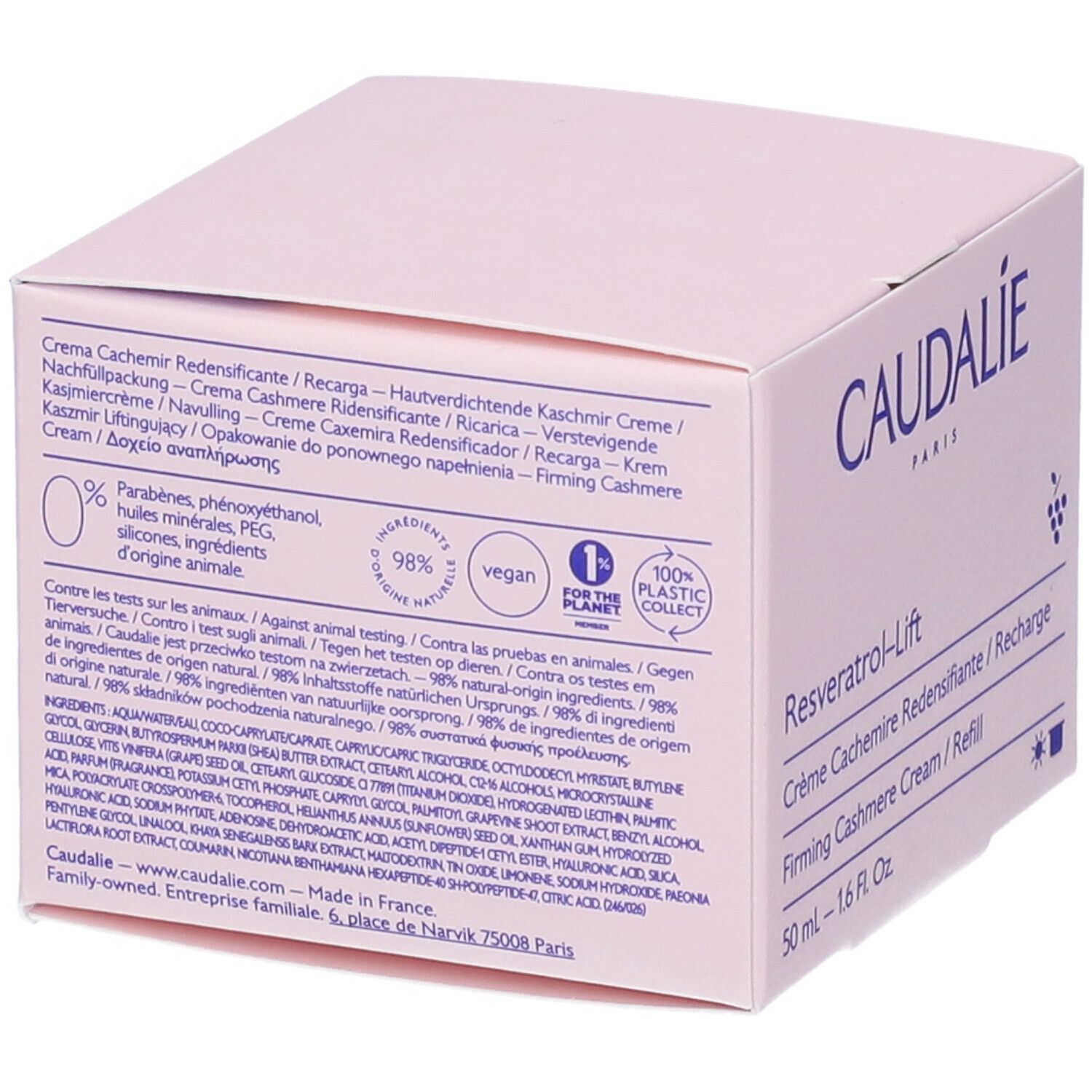 Scatola rosa Caudalie. Testo: Resveratrol-Lift, Crème Cashmere Ridensificante, 50 ml. Ingredienti e certificazioni.