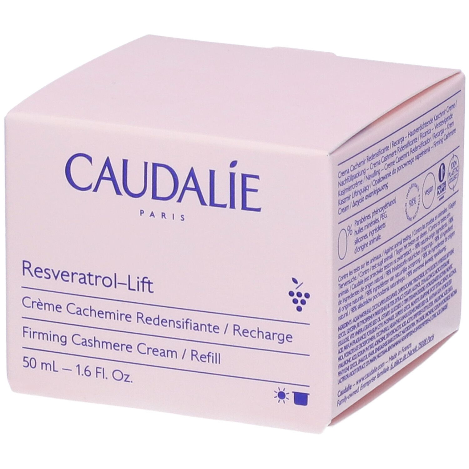 Scatola rosa Caudalie. Testo: Resveratrol-Lift, Crème Cashmere Ridensificante, 50 ml. Certificazioni vegan e riciclo.
