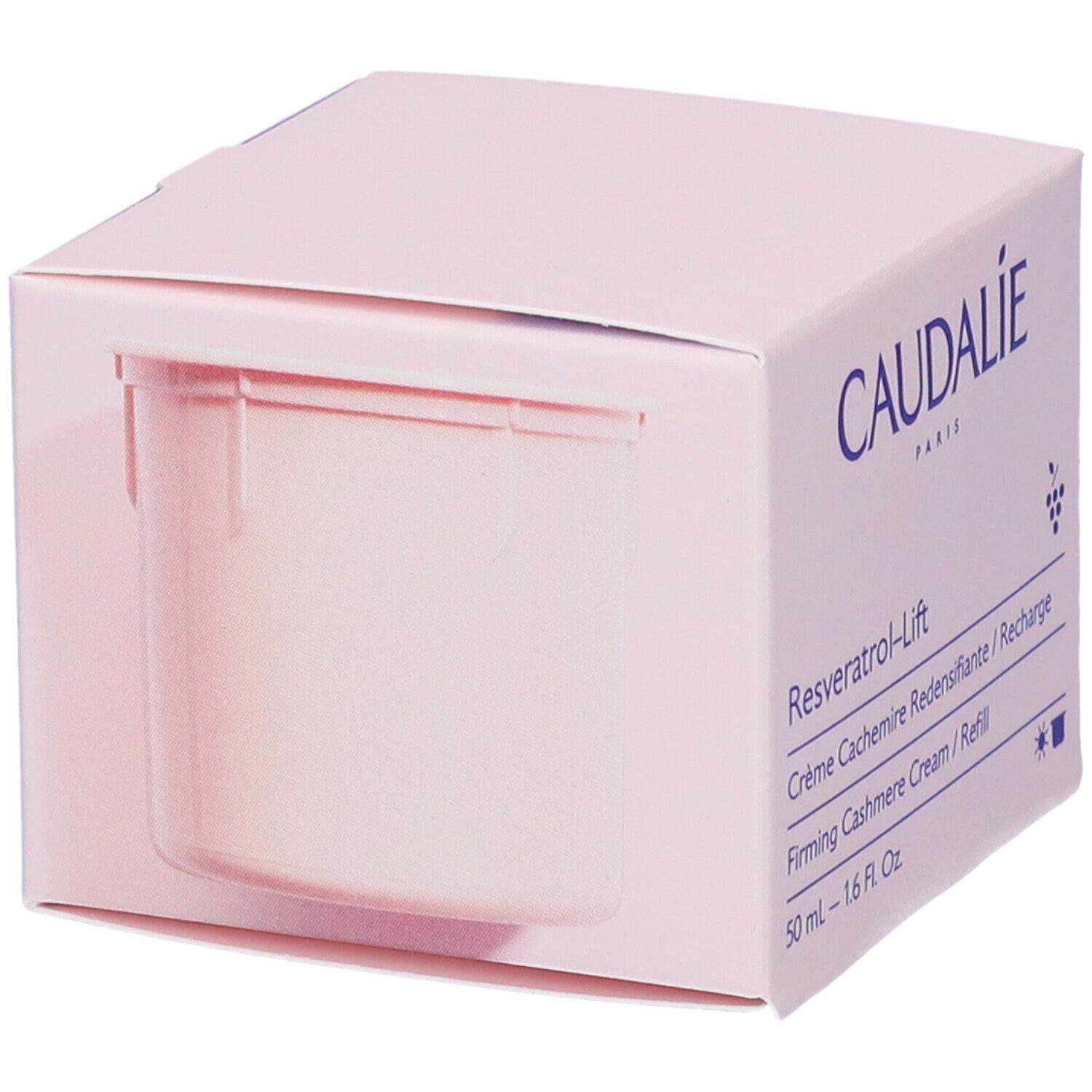 Scatola rosa Caudalie. Contenitore interno visibile. Testo: Resveratrol-Lift, Crème Cashmere Ridensificante, 50 ml.