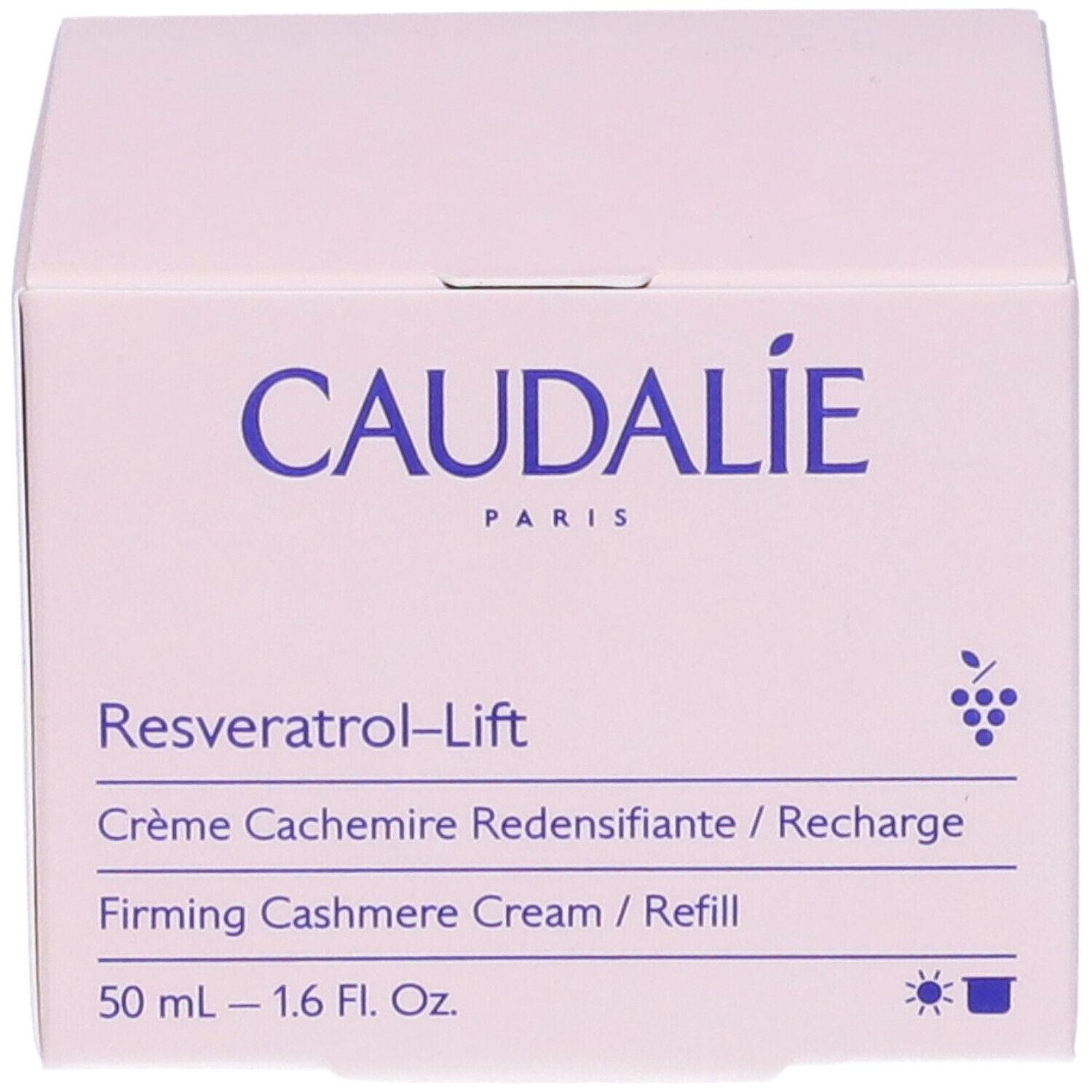 Scatola rosa Caudalie. Testo: Resveratrol-Lift, Crème Cashmere Ridensificante, 50 ml.