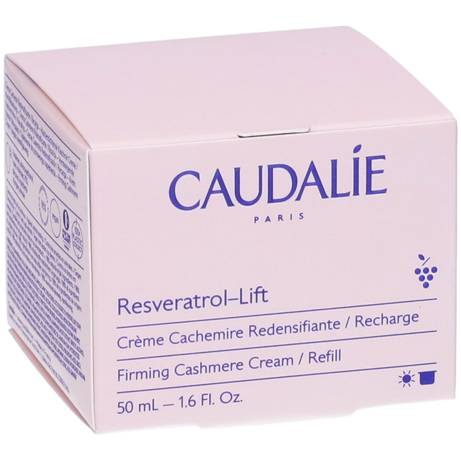 Scatola rosa Caudalie. Testo: Resveratrol-Lift, Crème Cashmere Ridensificante, 50 ml. Certificazioni.