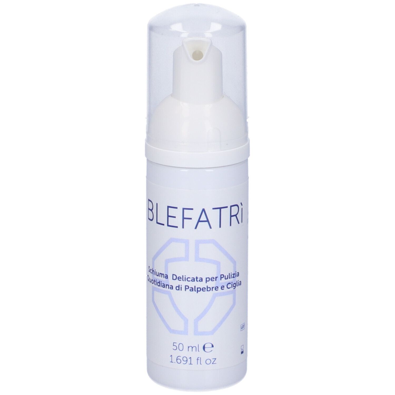 Flacone bianco con dosatore a pompa. Scritta 'BLEFATRI' e 'Schiuma'.