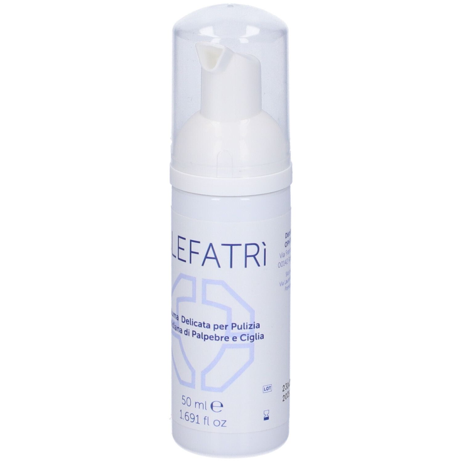 Flacone bianco con dosatore a pompa. Scritta 'BLEFATRI' e nome prodotto.