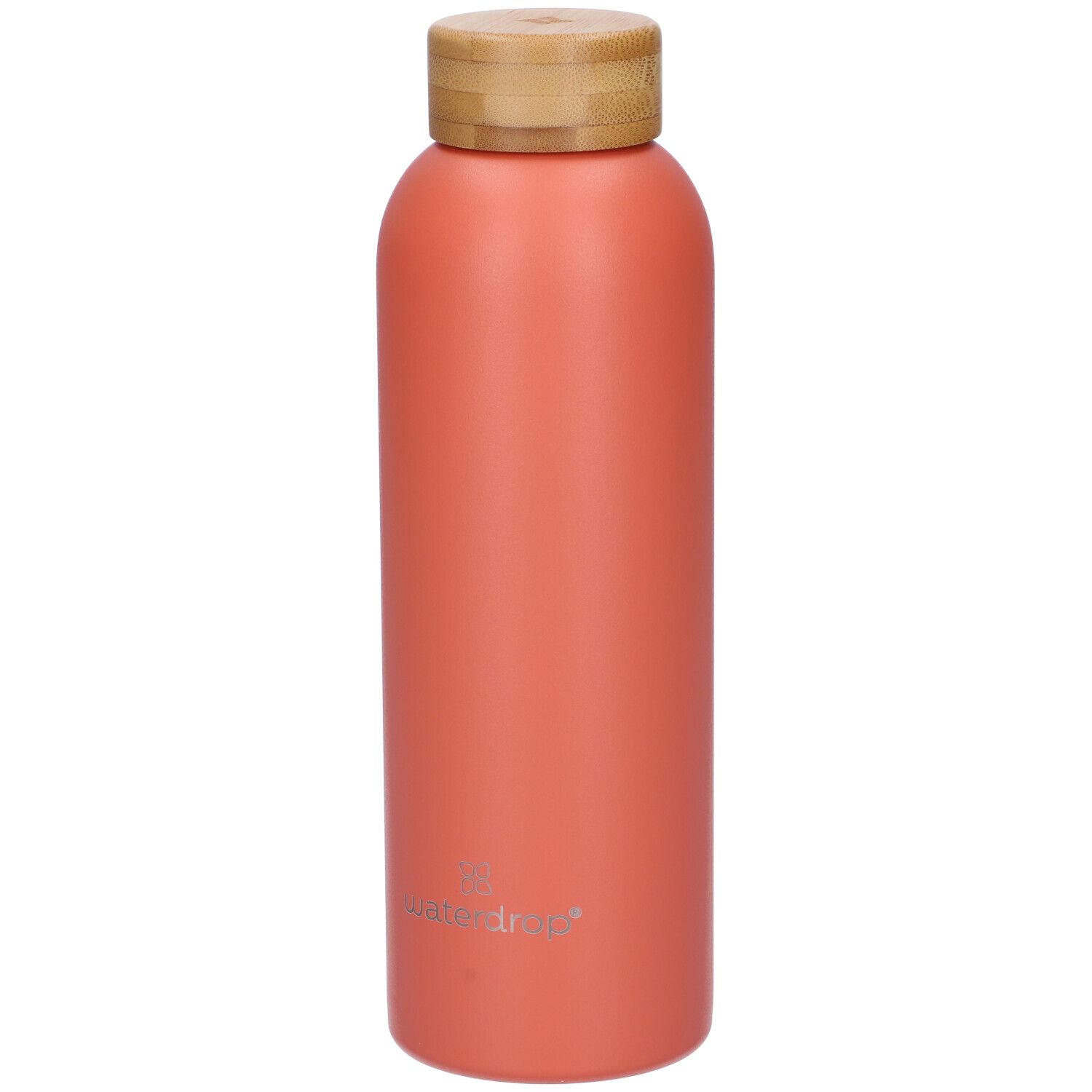 Borraccia termica in acciaio inox arancione opaco, tappo in legno. Scritta waterdrop.
