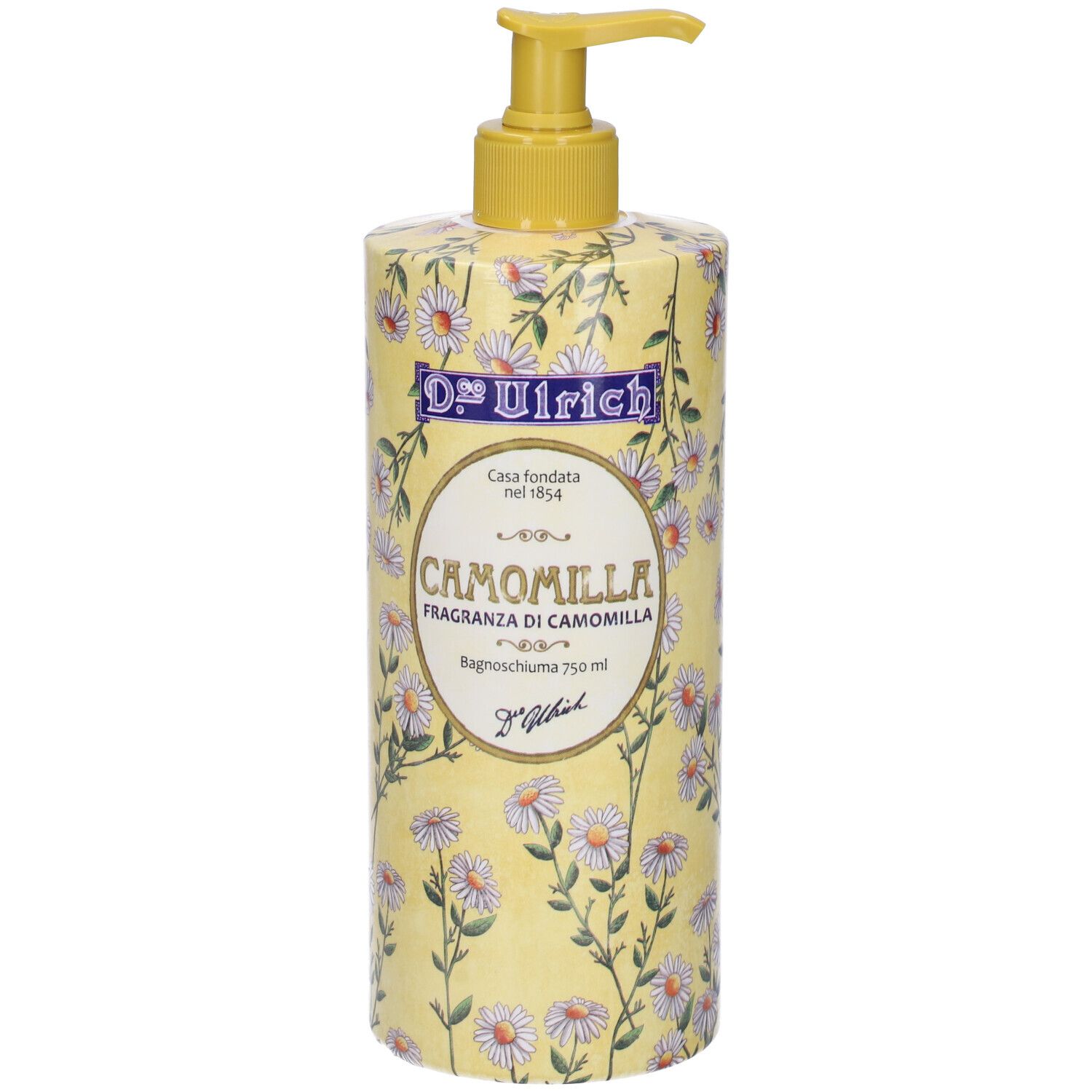 Flacone giallo con motivo camomilla e dosatore. Scritta: Camomilla, Dr. Ulrich.