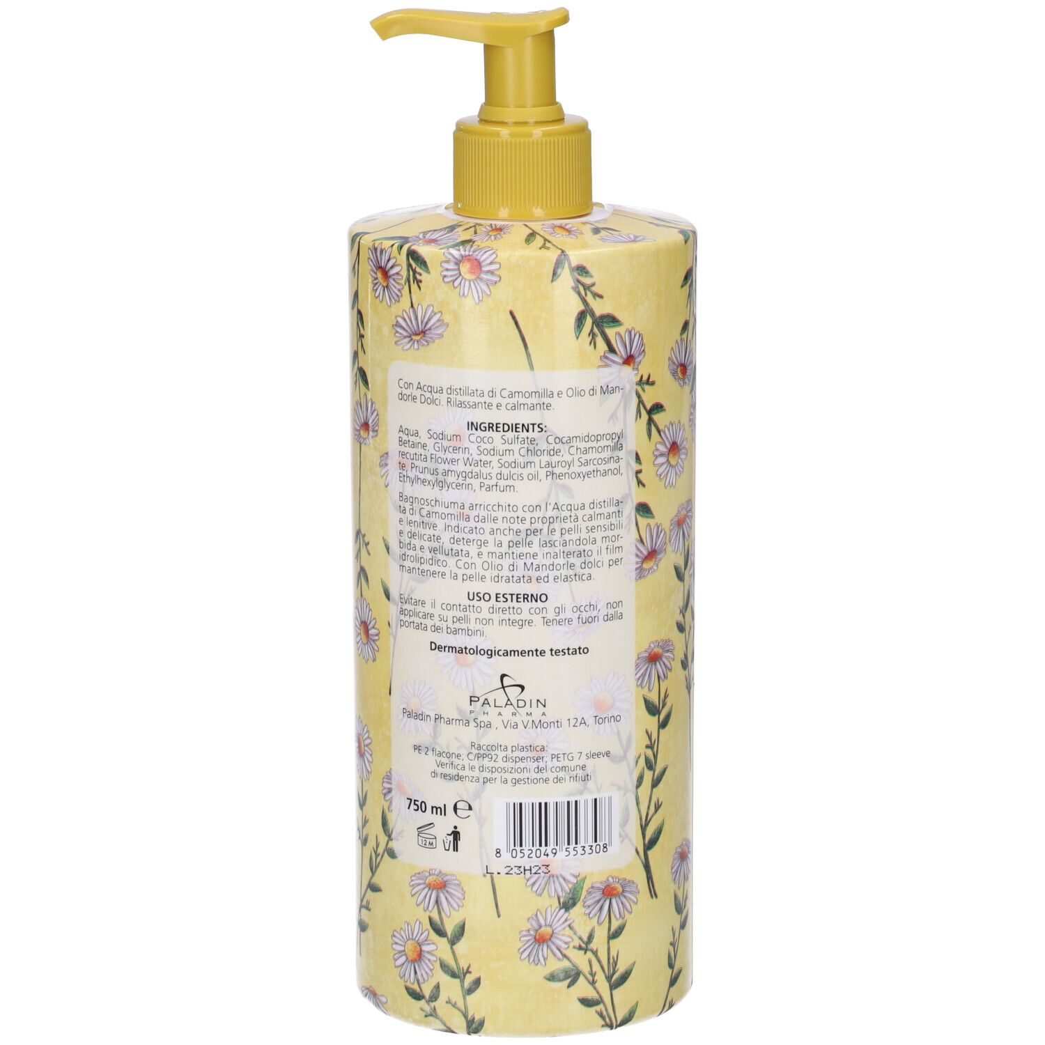 Flacone giallo con motivo camomilla. Retro con ingredienti e informazioni produttore.