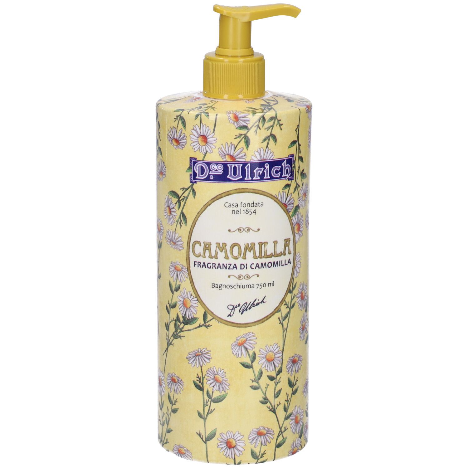 Flacone giallo con motivo camomilla e dosatore. Scritta: Camomilla, Dr. Ulrich.