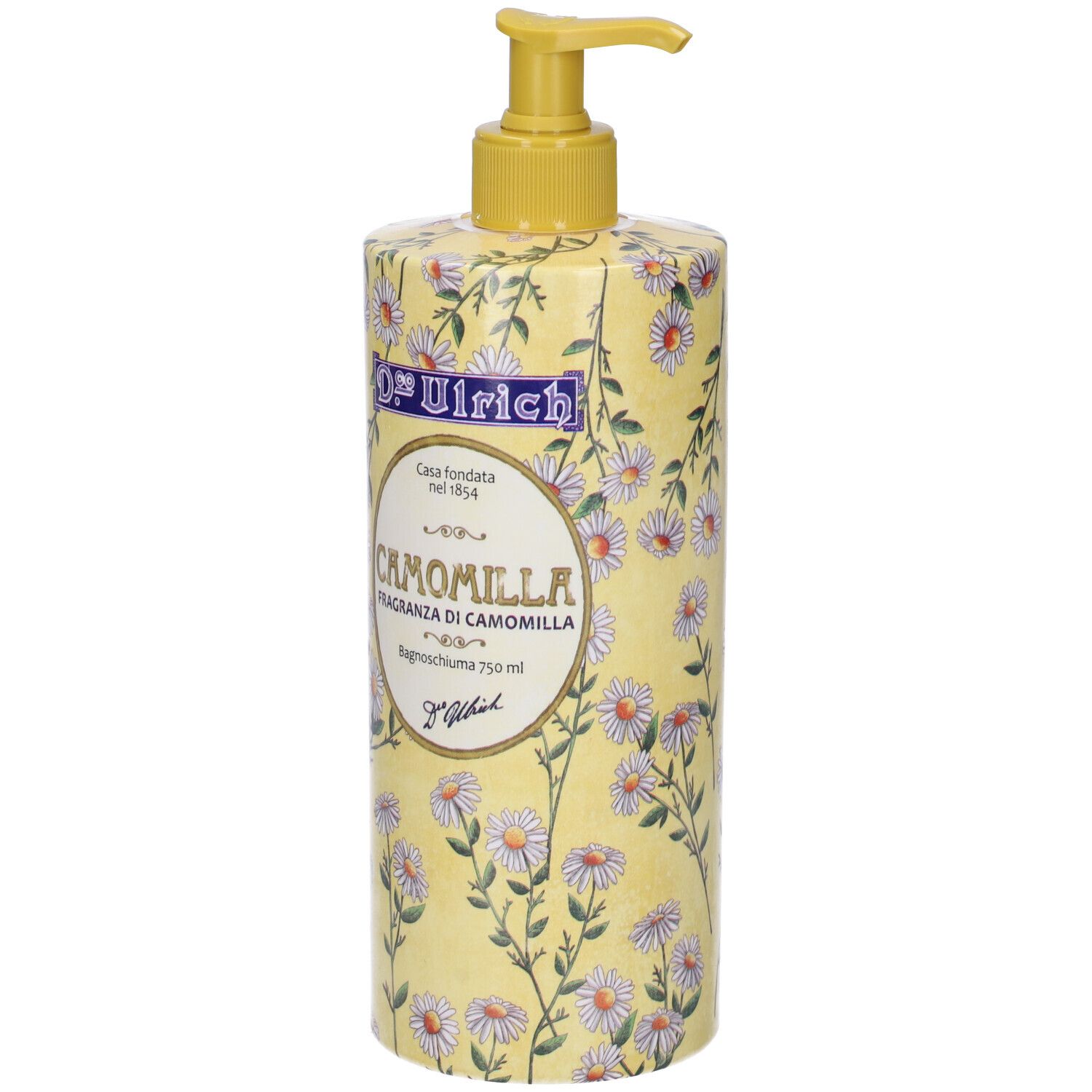Flacone giallo con motivo camomilla e dosatore. Scritta: Camomilla, Dr. Ulrich.