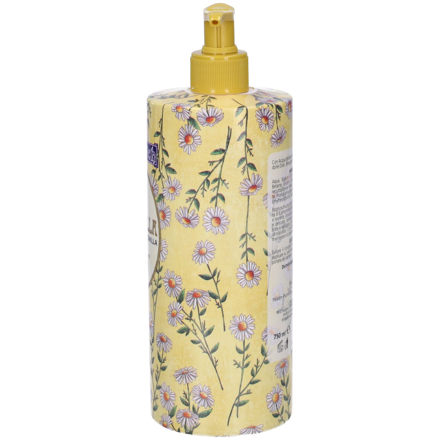 Flacone giallo con motivo camomilla. Retro con testo e informazioni produttore.