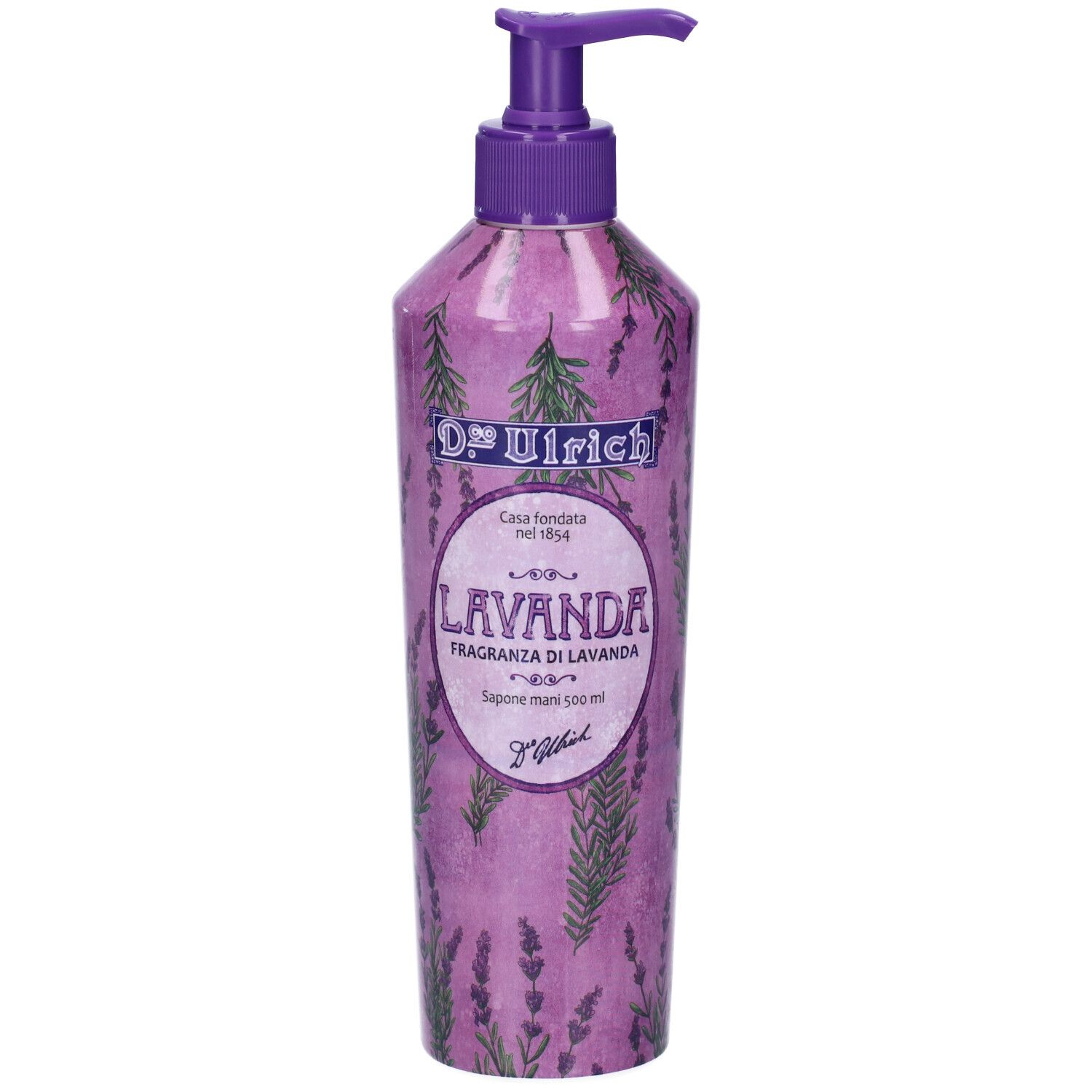 Dispenser di sapone viola con decorazioni lavanda. Tappo a pompa viola. Scritta "Lavanda".