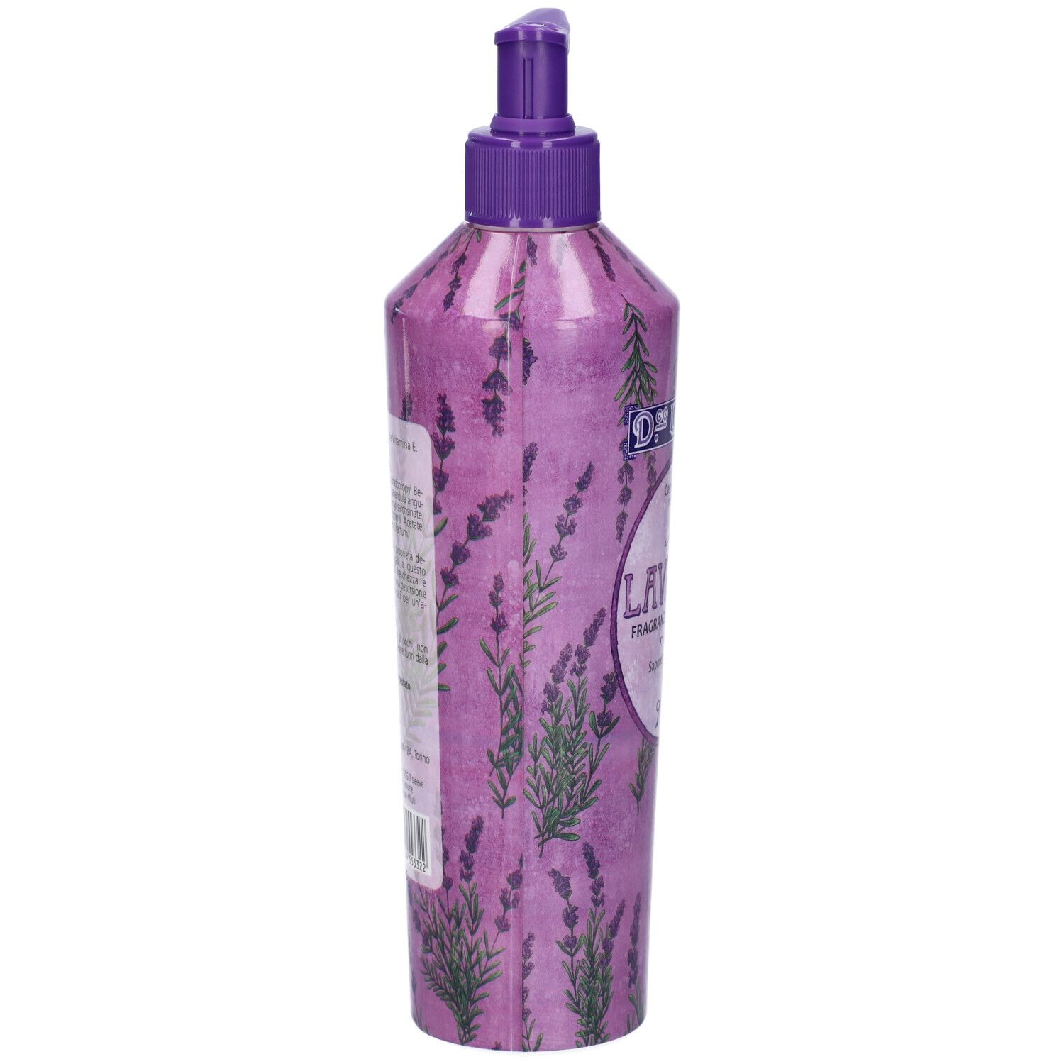 Dispenser di sapone viola con decorazioni lavanda. Retro con testo e codice a barre.