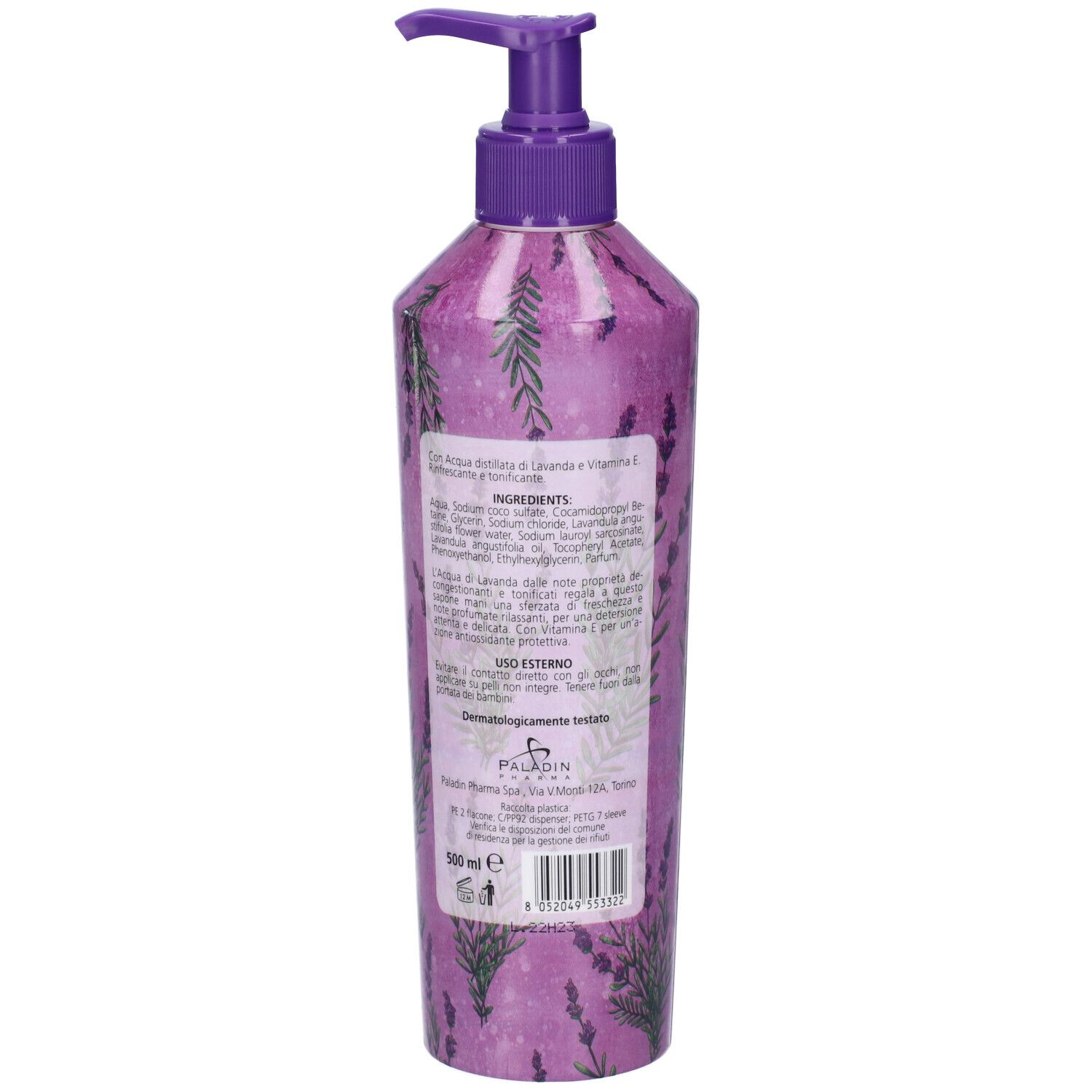 Retro del dispenser di sapone viola. Testo con ingredienti e istruzioni per l'uso.
