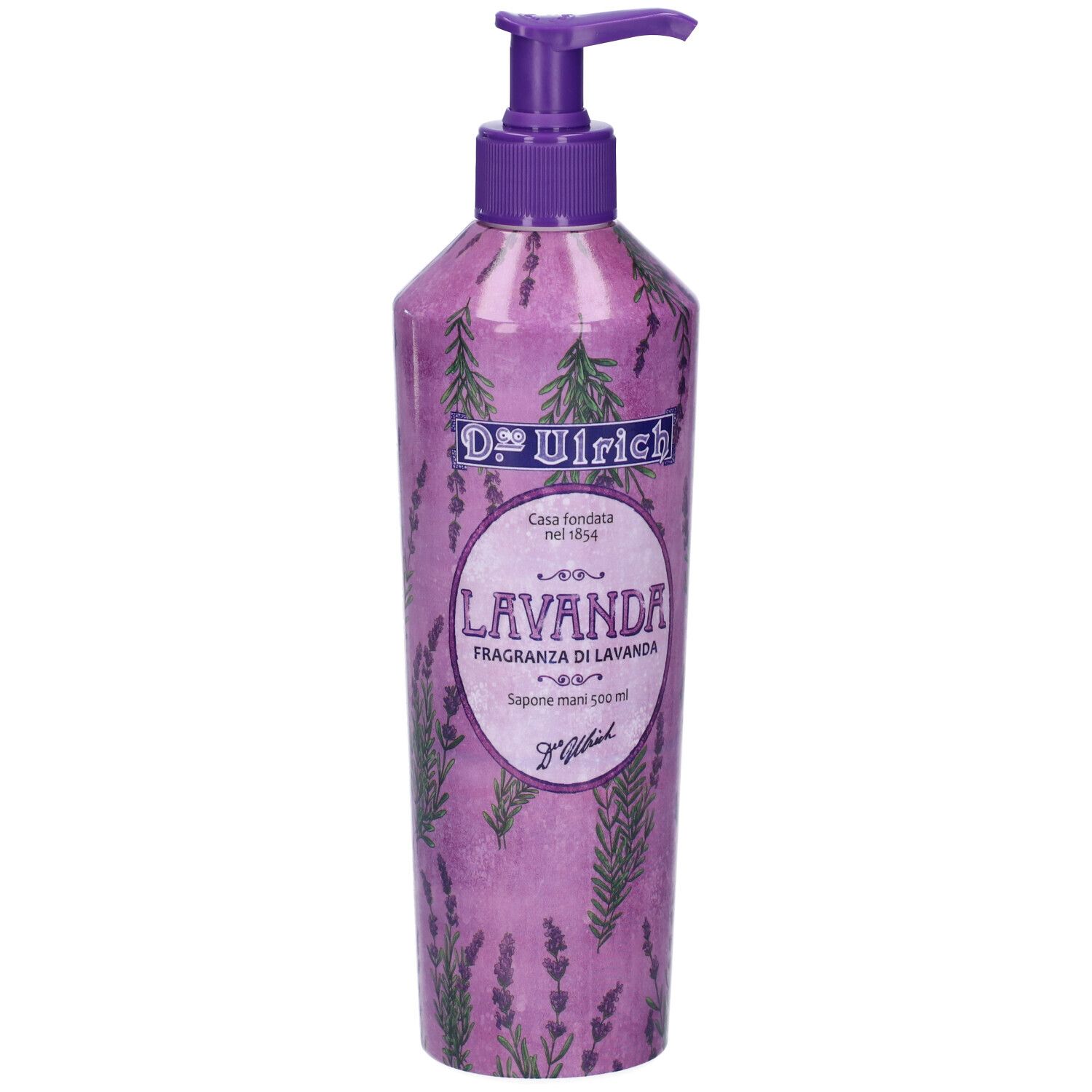Dispenser di sapone viola con decorazioni lavanda. Tappo a pompa viola. Scritta "Lavanda".
