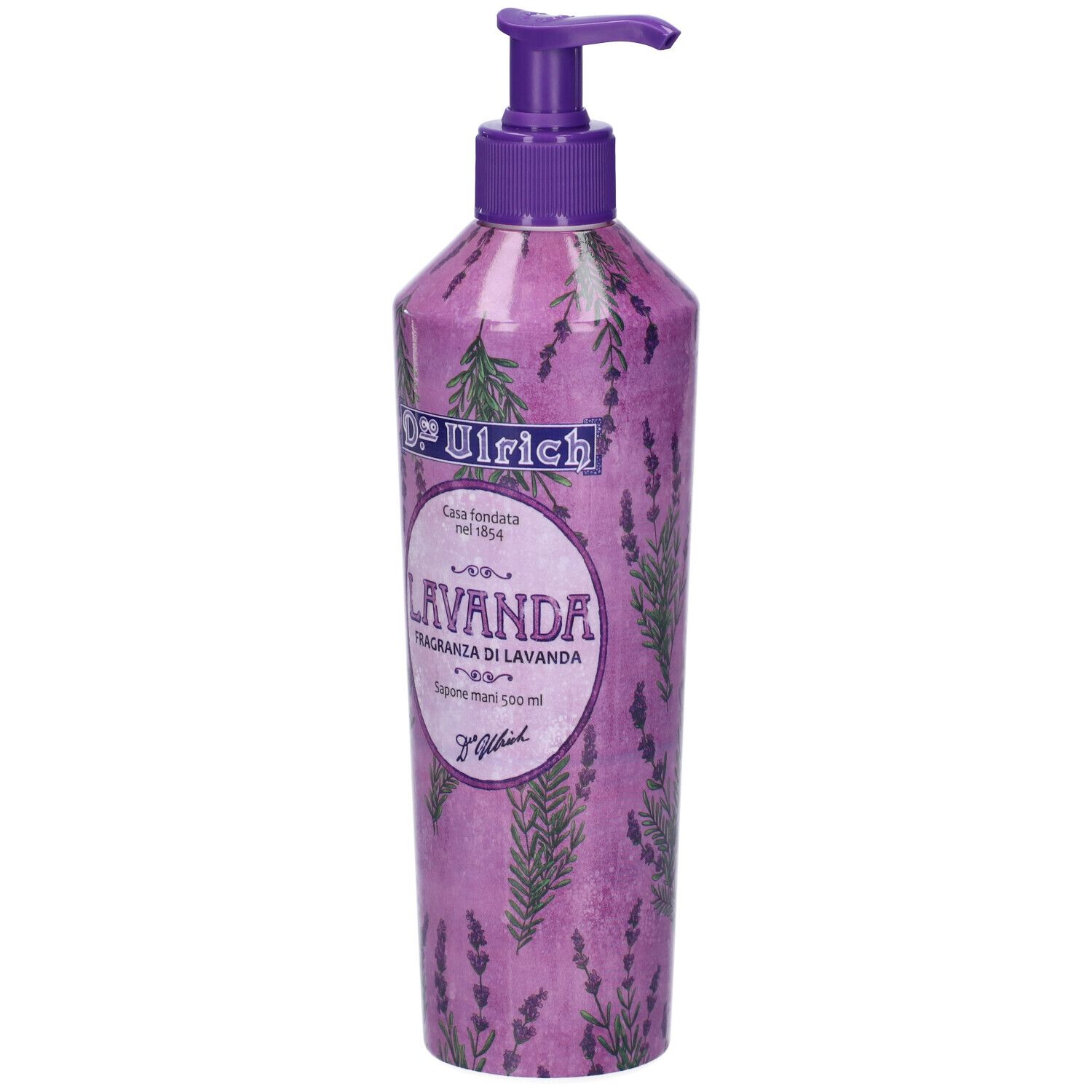 Dispenser di sapone viola con decorazioni lavanda. Tappo a pompa viola. Scritta "Lavanda".