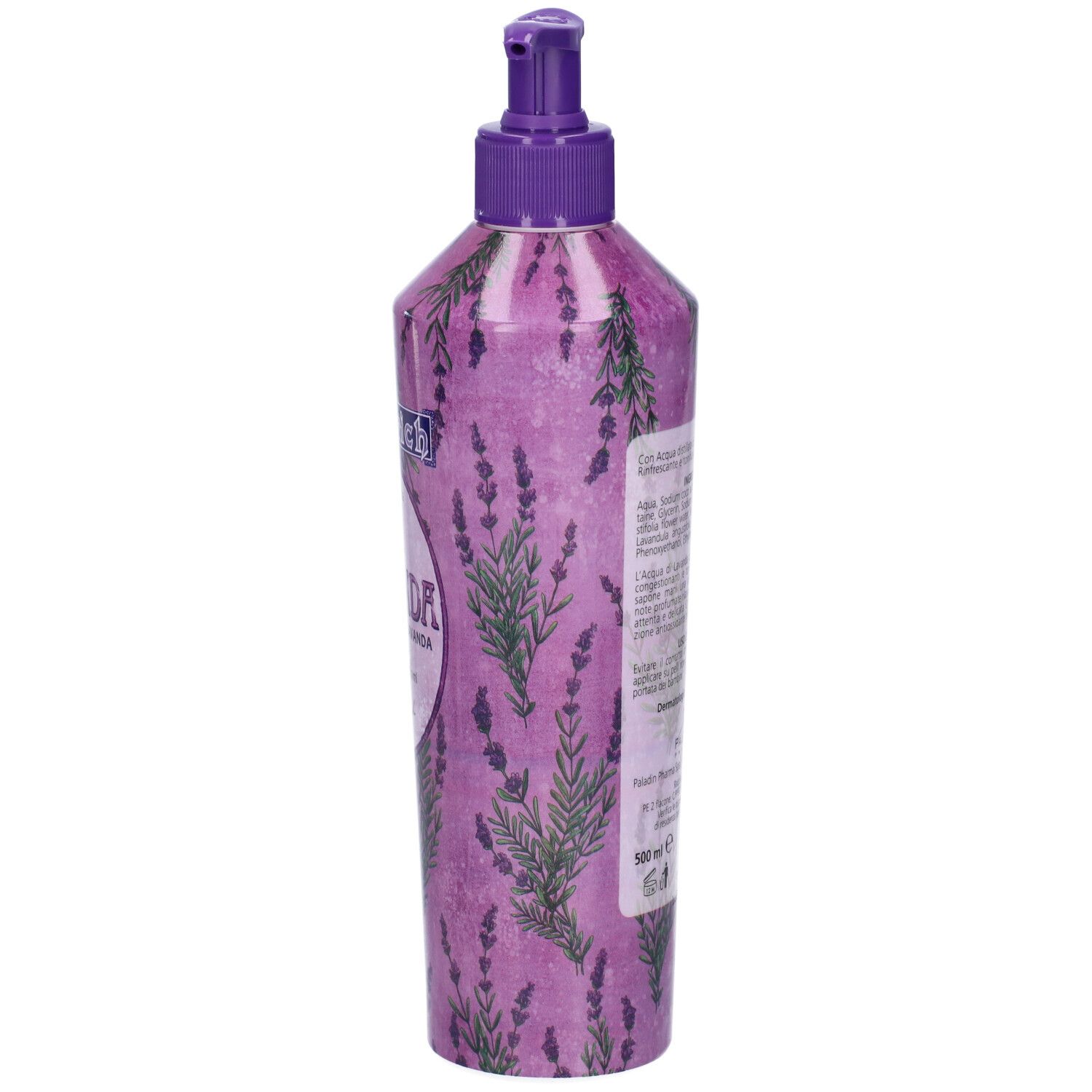 Dispenser di sapone viola con decorazioni lavanda. Retro con testo e codice a barre.
