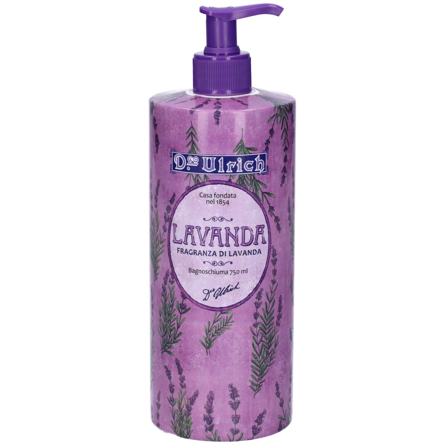 Flacone con design lavanda viola e dosatore. Scritta: Dr. Ulrich, Lavanda, Bagnoschiuma.