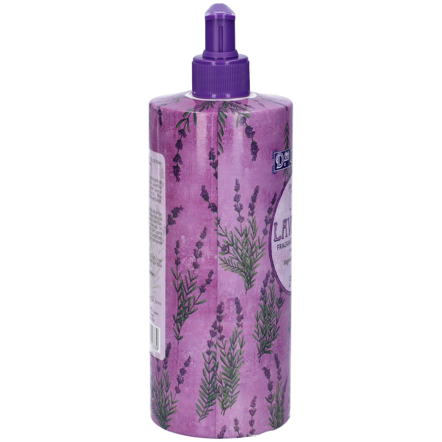 Flacone con design lavanda e dosatore. Sul lato testo e illustrazioni di lavanda.