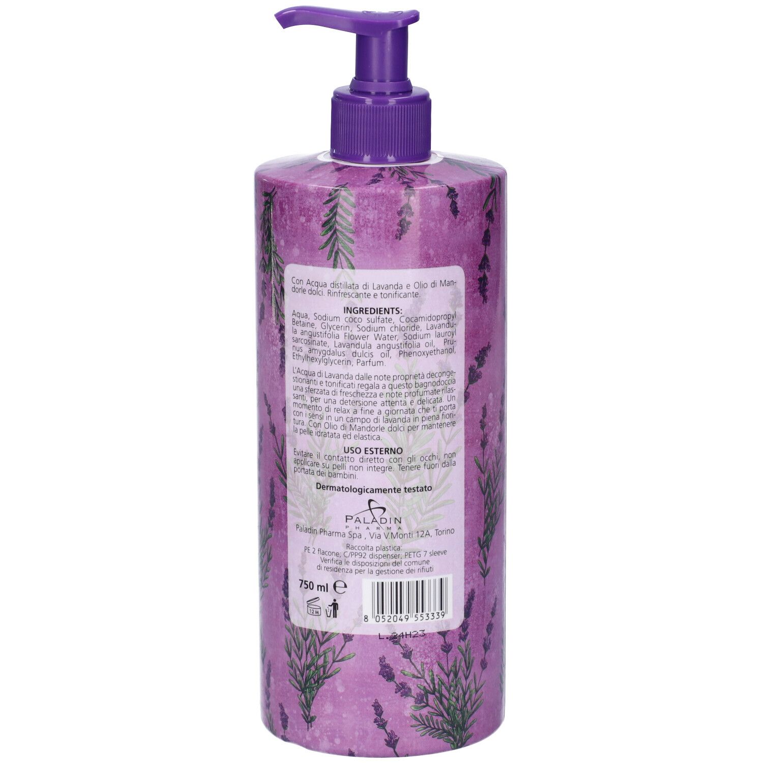 Flacone con design lavanda e dosatore. Retro con ingredienti, istruzioni per l'uso e produttore.