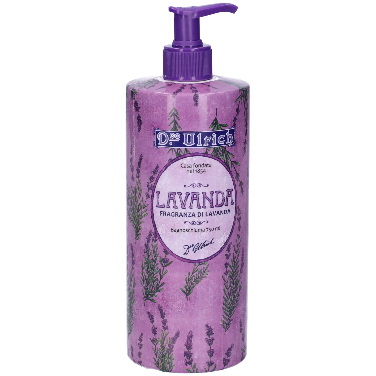 Flacone con design lavanda viola e dosatore. Scritta: Dr. Ulrich, Lavanda, Bagnoschiuma.