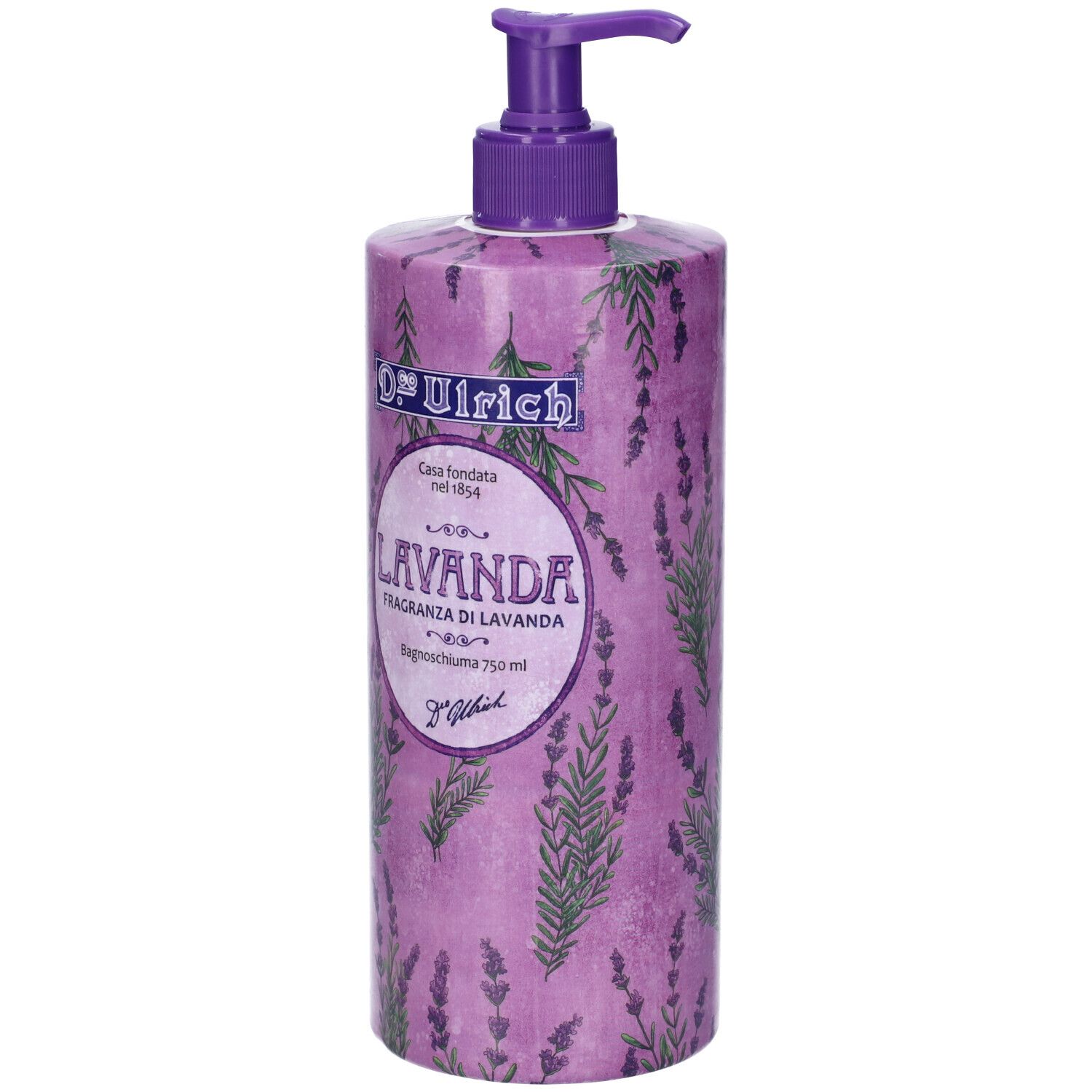 Flacone con design lavanda viola e dosatore. Scritta: Dr. Ulrich, Lavanda, Bagnoschiuma.