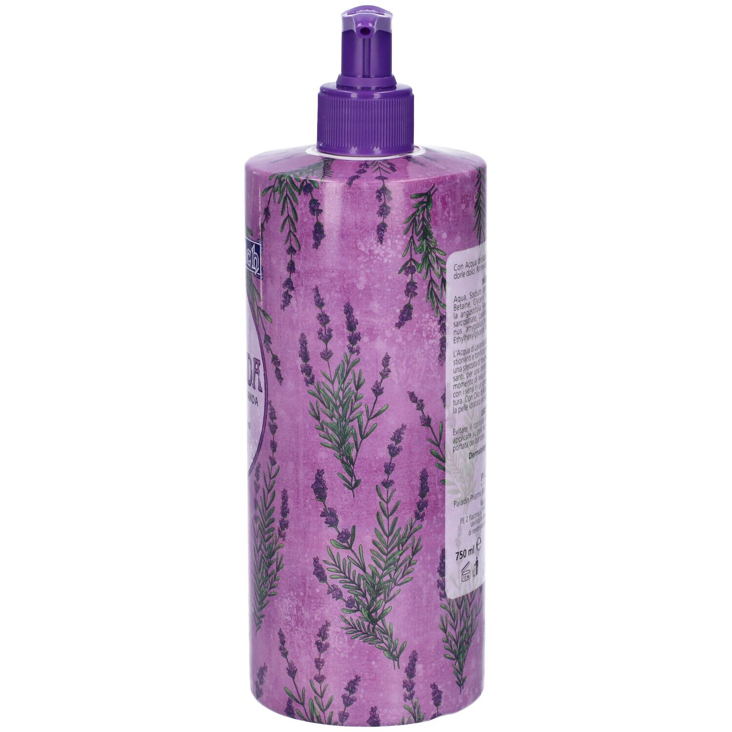 Flacone con design lavanda e dosatore. Sul lato testo e illustrazioni di lavanda.